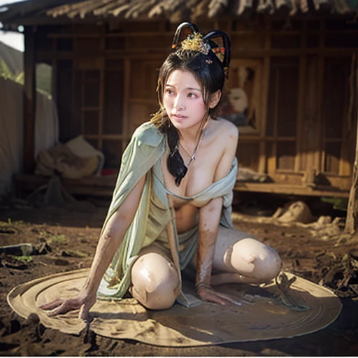 NSFW、perfect face、Mrs. Mi、Three Kingdoms、battle of nagasaka、dirty with dust and mud、big 、full nude、full body、big areola、Pubic hair of the same color as the hair、In a dark, shabby hut、messy hair、sweating、after being raped、Are crying、scared face、Sleeping on a straw mat