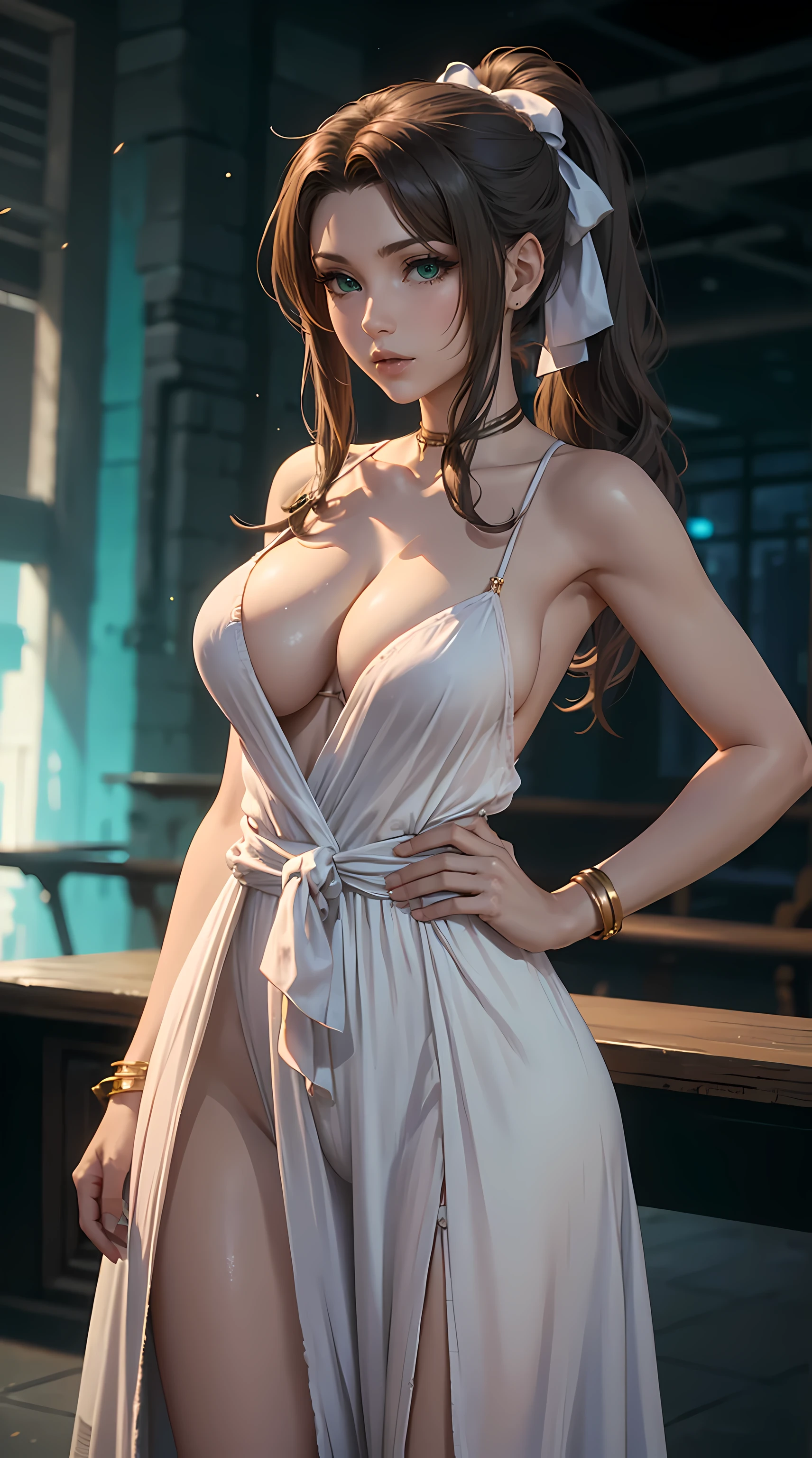 Beautiful brunette hair woman is shown to have a slender figure, she is wearing a beautiful sexy dress, ponytail, bow in hair, green eyes, girl standing in a gala ballroom, sexy session, putting her hands on her waist, poseing, exposed cleavage, cowboy shot, superior quality, many details, realistic