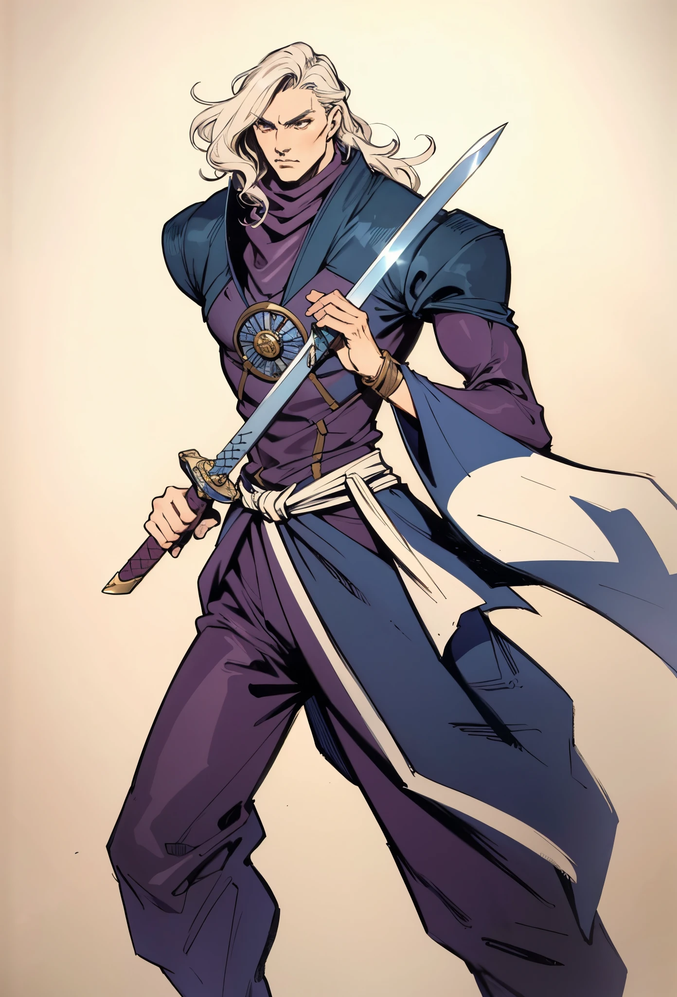 An adult man with long black hair, white-highlighted middle part bangs, thick wavy eyebrows, sharp almond-shaped eyes, well-defined features, a dignified expression, a black and white tight-fitting coat in a fantasy martial arts style, flowing wide sleeves, a cloth belt around the waist, loose fabric trousers, he holds a long sword placed in front of him, while the other hand lightly wipes the blade, the backdrop is a fantasy martial arts-style training ground, this character embodies a finely crafted fantasy martial arts-style swordsman in anime style, exquisite and mature manga art style, high definition, best quality, highres, ultra-detailed, ultra-fine painting, extremely delicate, professional, perfect body proportions, golden ratio, anatomically correct, symmetrical face, extremely detailed eyes and face, high quality eyes, creativity, RAW photo, UHD, 32k, Natural light, cinematic lighting, masterpiece-anatomy-perfect, masterpiece:1.5