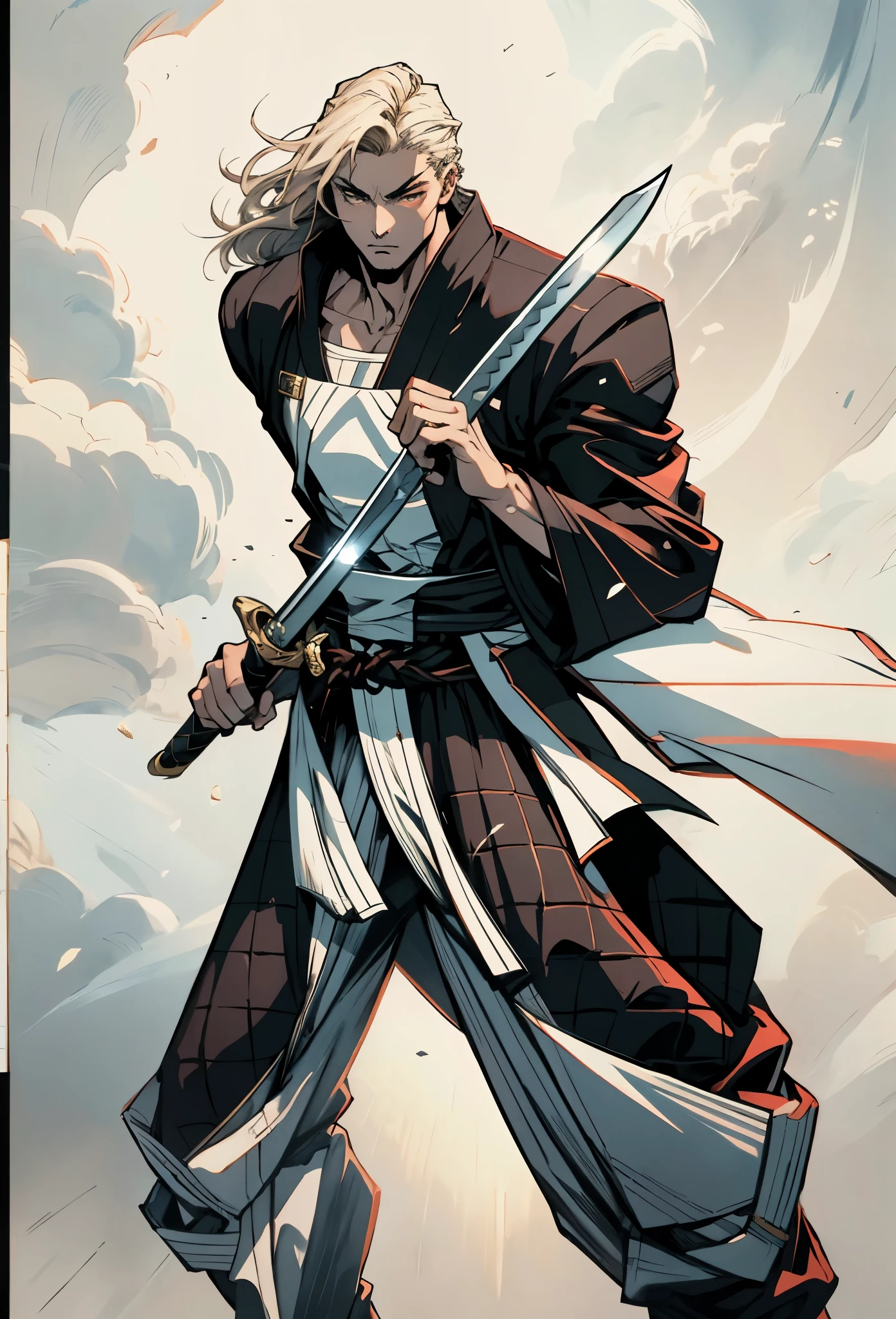 An adult man with long black hair, white-highlighted middle part bangs, thick wavy eyebrows, sharp almond-shaped eyes, well-defined features, a dignified expression, a black and white tight-fitting coat in a fantasy martial arts style, flowing wide sleeves, a cloth belt around the waist, loose fabric trousers, he holds a long sword placed in front of him, while the other hand lightly wipes the blade, the backdrop is a fantasy martial arts-style training ground, this character embodies a finely crafted fantasy martial arts-style swordsman in anime style, exquisite and mature manga art style, high definition, best quality, highres, ultra-detailed, ultra-fine painting, extremely delicate, professional, perfect body proportions, golden ratio, anatomically correct, symmetrical face, extremely detailed eyes and face, high quality eyes, creativity, RAW photo, UHD, 32k, Natural light, cinematic lighting, masterpiece-anatomy-perfect, masterpiece:1.5