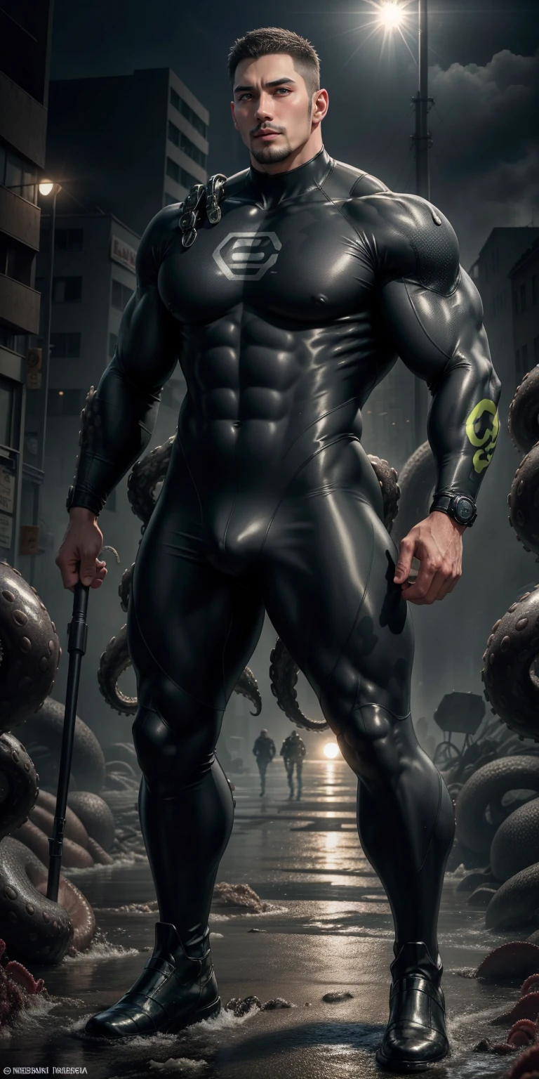 2 meters tall, Muscular man opens his mouth and screams., Light gray camouflage uniform, He is very tall, character idea（Resident Evil - Chris Redfield, chris redfield）Wearing a light gray camouflage wetsuit, A large number of thick tentacles emerged from the ground, Tangled tightly by thick octopus tentacles, regular symmetrical texture pattern, Standing on the street with octopus tentacles, Lots of slime octopus and sludge, A sad expression, Deep and charming eyes, Emerald Pupil Hero, heroic male pose, Tall and burly, muscular！Charming leg muscles, High, burly, Heqiang, Wearing a light gray camouflage wetsuit, Super gain and cool, high resolution committee, Big feet in black boots, Charming strong man, The bright sunshine is shining on you, matte particles, shiny texture