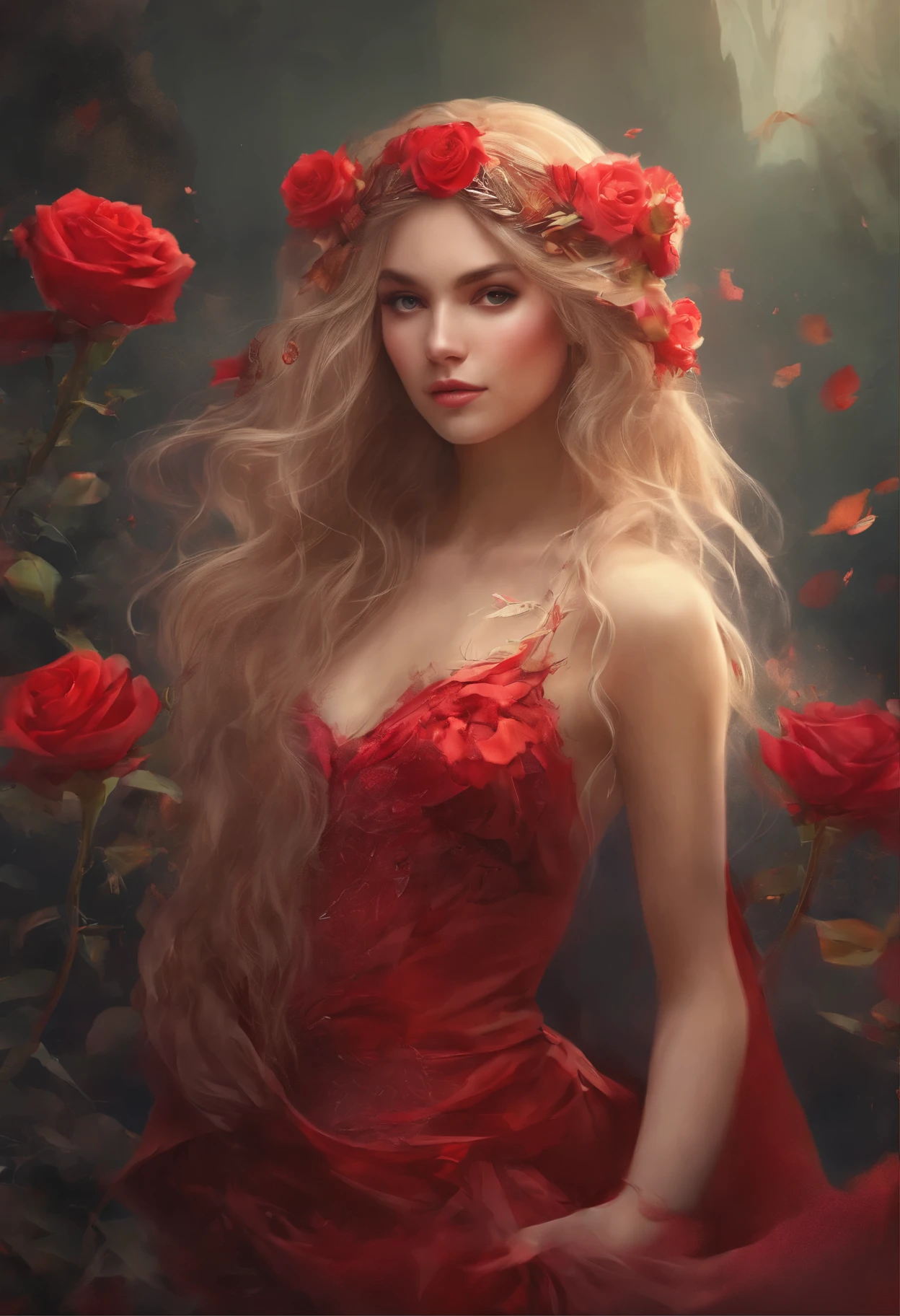 A woman in a red dress with a bouquet of flowers in her hands, fantasy art style, beautiful digital illustration, elegant digital painting, digital art of elegance, persephone, beautiful fantasy girl, beautiful digital art, bowwater style, beautiful fantasy portrait, exquisite digital illustration, Aphrodite goddess of love, artistic style of romanticism, Fantasy art