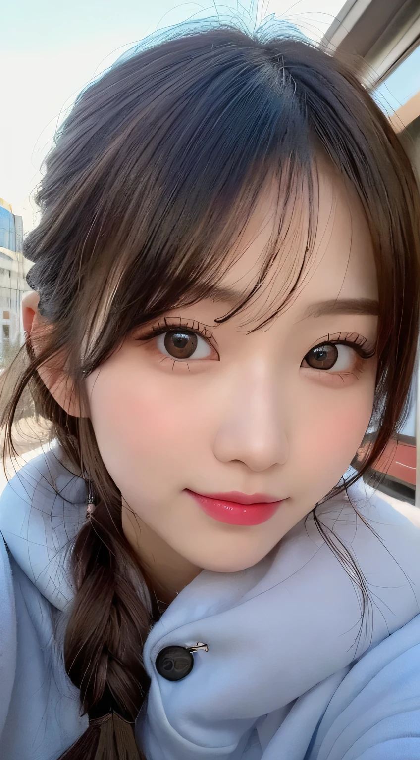 table top, highest quality, figure, Super detailed, finely, High resolution, 8k wallpaper, Perfect dynamic composition figure, detailed and beautiful eyes, Gorgeous black fluffy Tokyo winter clothes,random cute hair,,natural color lip, bold sexy pose,smile、20 year old girl、cute、sexy shot looking at camera,Always blur the background,perfect and beautiful face,Take only the face,Beautiful and dense face、slim face and style,Big eyes、Do gal makeup