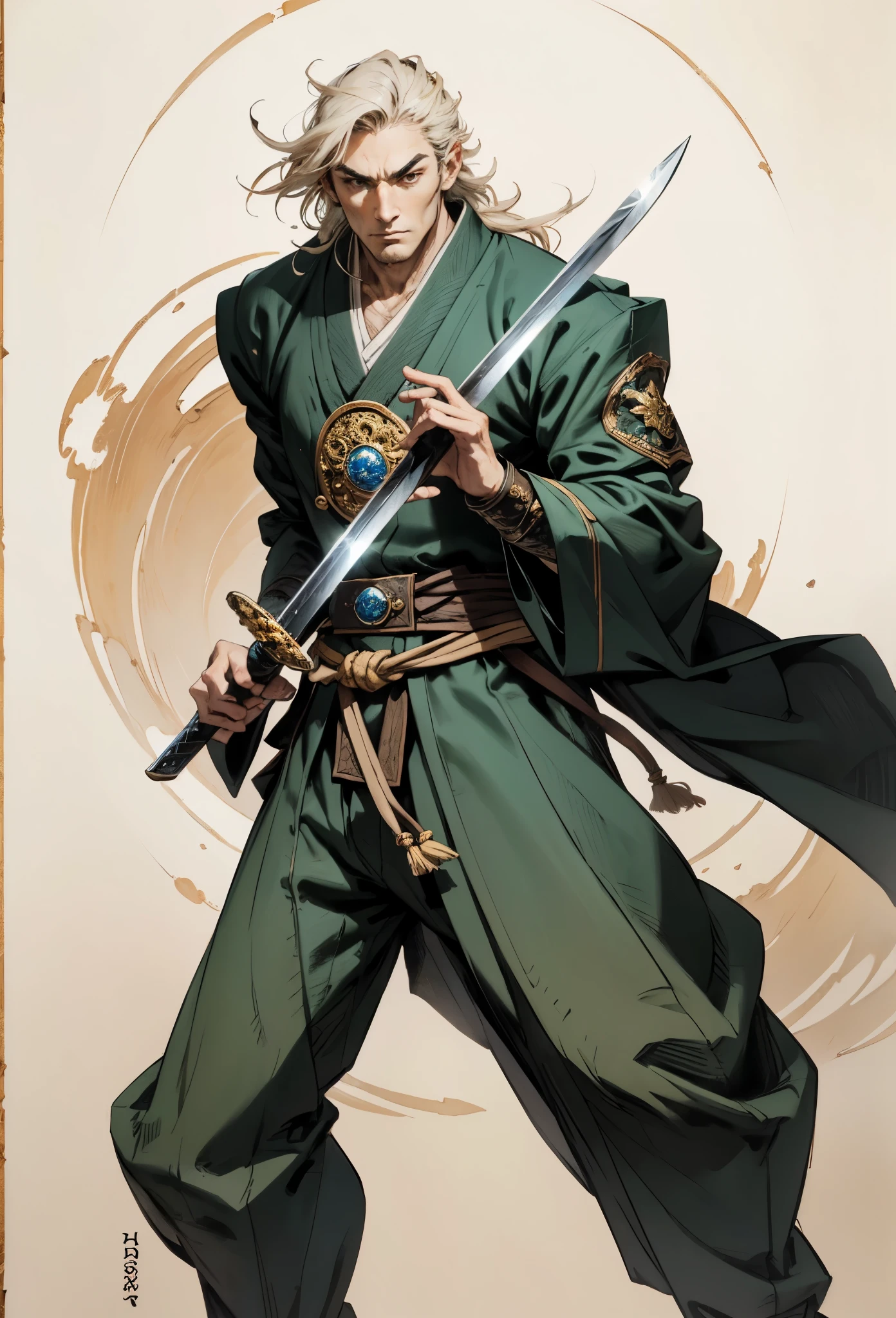 An adult man with long black hair, white-highlighted middle part bangs, thick wavy eyebrows, sharp almond-shaped eyes, well-defined features, a dignified expression, a black and white tight-fitting coat in a fantasy martial arts style, flowing wide sleeves, a cloth belt around the waist, loose fabric trousers, he holds a long sword placed in front of him, while the other hand lightly wipes the blade, the backdrop is a fantasy martial arts-style training ground, this character embodies a finely crafted fantasy martial arts-style swordsman in anime style, exquisite and mature manga art style, high definition, best quality, highres, ultra-detailed, ultra-fine painting, extremely delicate, professional, perfect body proportions, golden ratio, anatomically correct, symmetrical face, extremely detailed eyes and face, high quality eyes, creativity, RAW photo, UHD, 32k, Natural light, cinematic lighting, masterpiece-anatomy-perfect, masterpiece:1.5