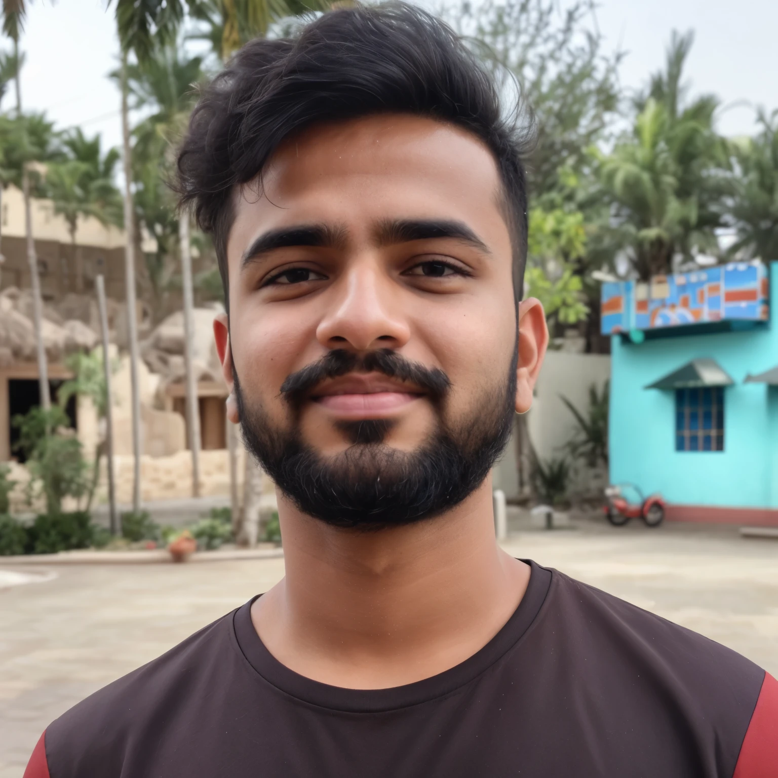 arafed man with a beard and a mustache standing in front of a building, without helmet, riyahd cassiem, 2 4 - year - old man, a photo of a man, without beard, portait image, ayan nag, around 1 9 years old, ranjit ghosh, with accurate face, profile portrait, very clear picture add background on Dubai like burd Khalifa background add on this photo 