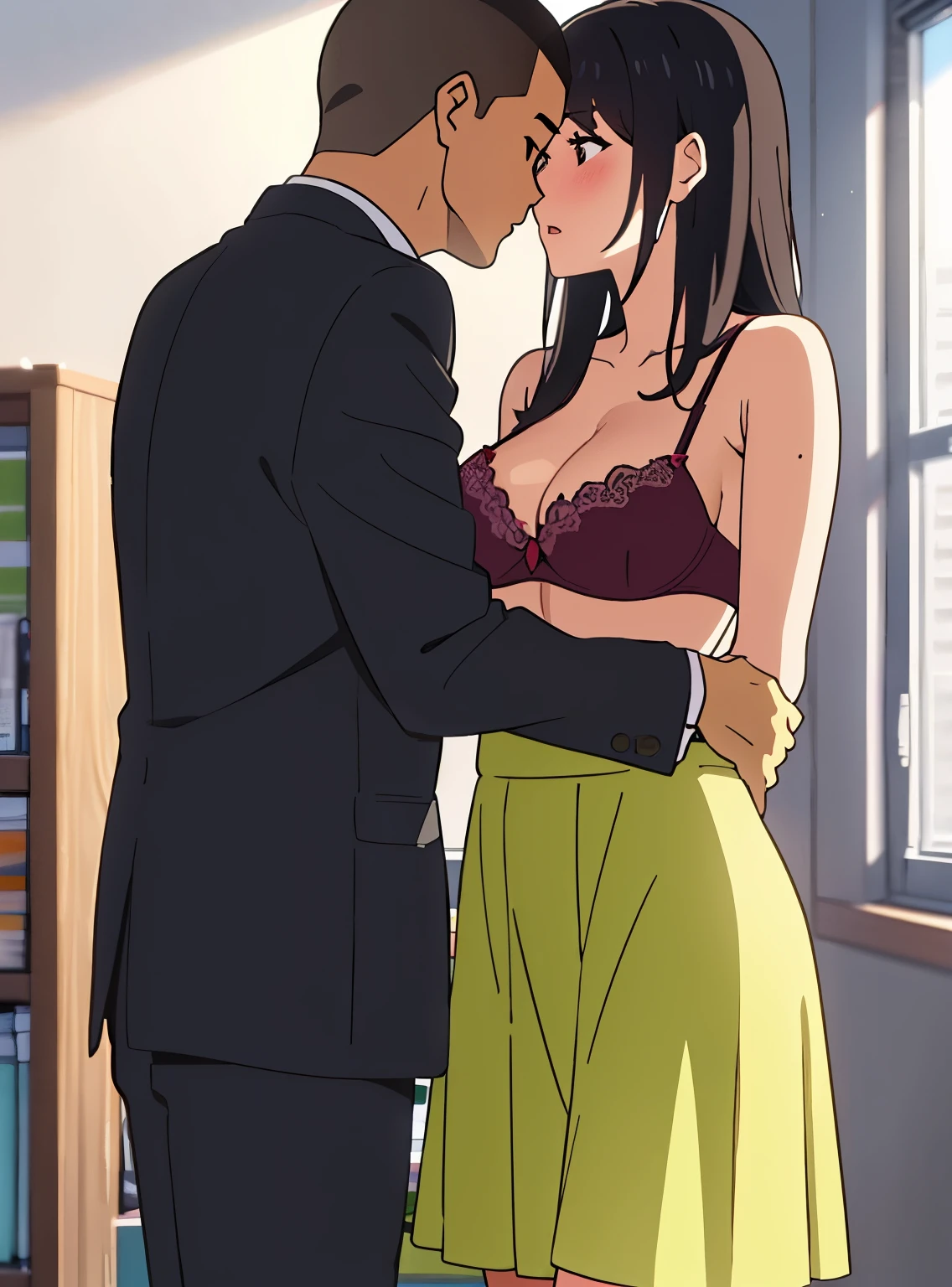 shinkai makoto, kimi no na wa., 1boy, buzzcut,office suit, boy caressing girl's body, kiss cheeks, passionate hug, boy is hugging from behind, breast groping from behind, 1girl, bangs, black hair, open mouth, brown eyes, Twisted Half Up, red ribbon, long hair, yellow blouse, open shirt, unbuttoned shirt, pink bra, cleavage, breast, medium breast, long gray skirt, storage room, indoors, masterpiece, perfect anatomy, cowboyshot