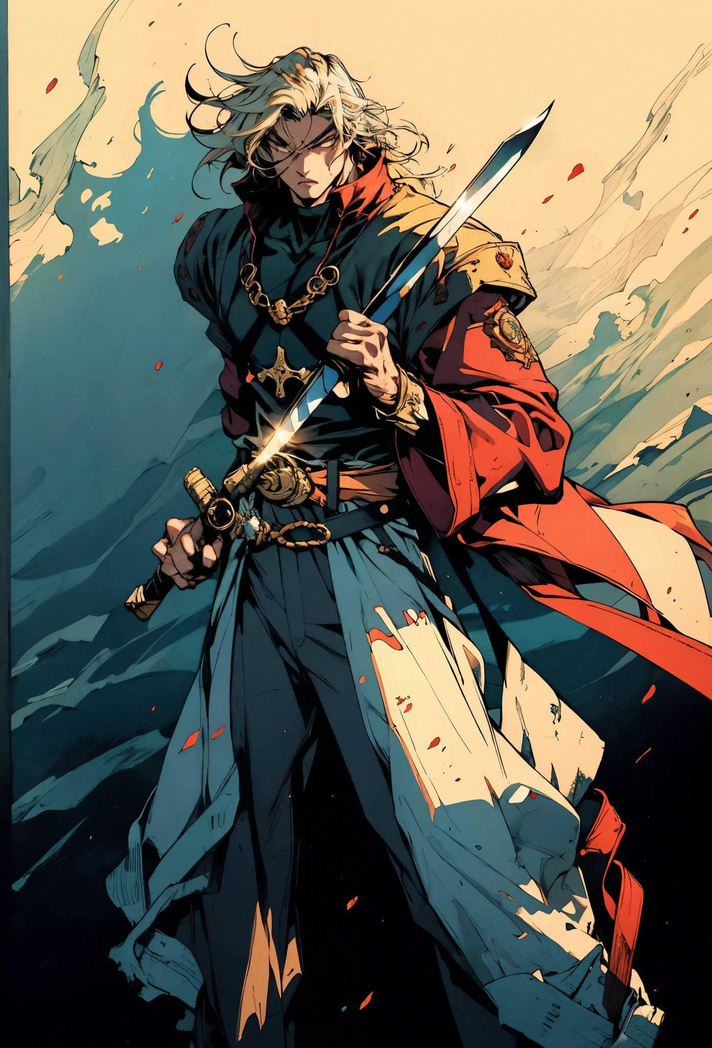 An adult man with long black hair, white-highlighted middle part bangs, thick wavy eyebrows, sharp almond-shaped eyes, well-defined features, a dignified expression, a black and white tight-fitting coat in a fantasy martial arts style, flowing wide sleeves, a cloth belt around the waist, loose fabric trousers, he holds a long sword placed in front of him, while the other hand lightly wipes the blade, the backdrop is a fantasy martial arts-style training ground, this character embodies a finely crafted fantasy martial arts-style swordsman in anime style, exquisite and mature manga art style, high definition, best quality, highres, ultra-detailed, ultra-fine painting, extremely delicate, professional, perfect body proportions, golden ratio, anatomically correct, symmetrical face, extremely detailed eyes and face, high quality eyes, creativity, RAW photo, UHD, 32k, Natural light, cinematic lighting, masterpiece-anatomy-perfect, masterpiece:1.5