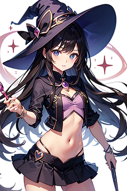 colorful butterflies, girl, bikini, upper body, witch hat, (face details: 1.2), (medium breasts), (cleavage), (thigh band), long hair, asymmetrical bangs, tarot border, centered figure, (no weapon), (swaying),
