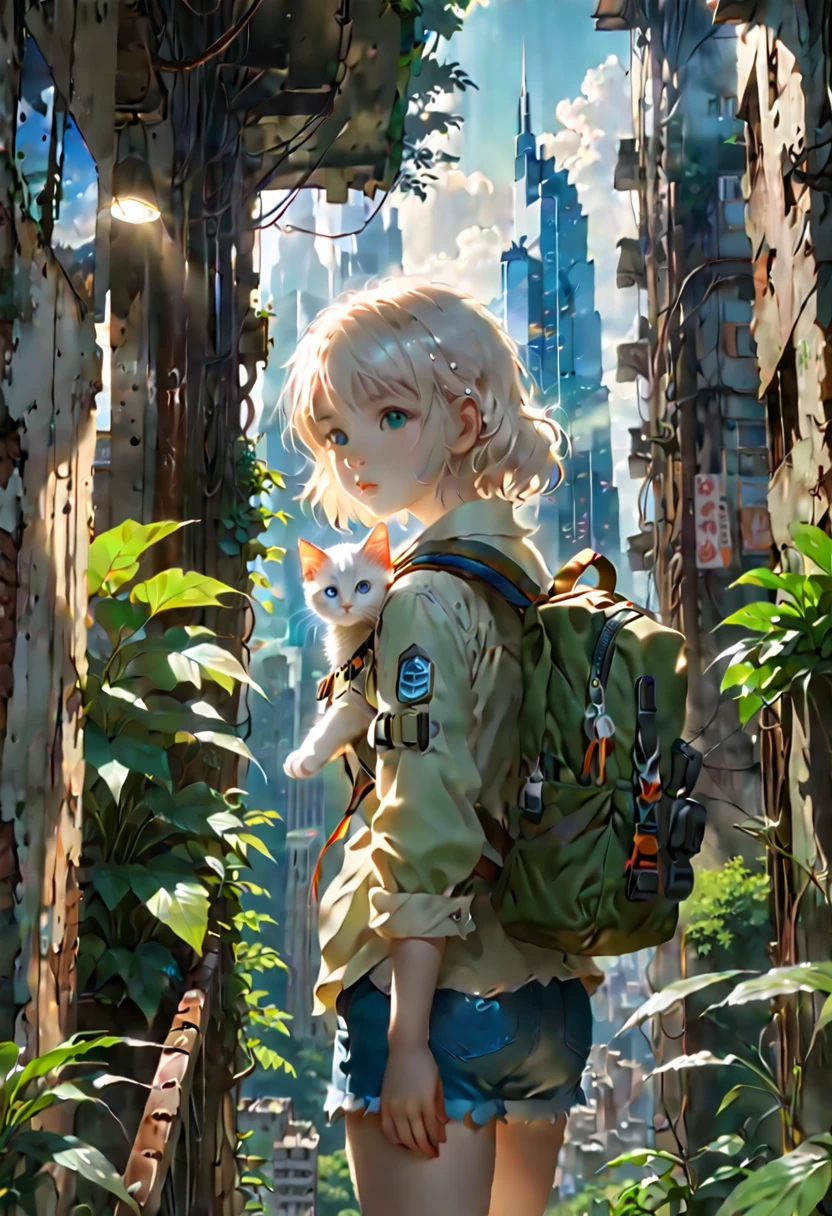 (8K、Raw photo、highest quality、look up:1.2、masterpiece:1.2、genuineistic、ultra high resolution、high contrast、photon mapping、genuine、Super detailed、official art, Raw photo、professional lighting、 light、Vivid atmosphere、twicelight) ,(1 girl), (Portrait of a Girl), (Young look),(Moist eyes), (beautiful face:1.3), (perfect proportions:1,2), (thin legs), (thin thighs), (long legs:1.2), (delicate), (height: 150cm), () , (Fair skin、white skin: 1.5), (lightブラウンのポニーテール), (One white kitten), A girl and a white kitten with a backpack climb down from a high point in the forest.、Looking out at the city skyline、Reminiscent of emotional scenes。 High-rise buildings in the city are covered with trees from the walls and windows々pops out、The building is covered like a lush jungle.、It depicts a futuristic landscape where nature and the city are fused.。A city bathed in bright sunlight、It suggests a bright and hopeful future.。 A girl trying to enter a building in the city、It symbolizes young people trying to break out into society.。and、A white kitten is snuggling up to me.、As a familiar presence、Watching a girl's journey。 This scene is、While having the atmosphere of a work directed by Makoto Shinkai,、I am drawing a post-apocalyptic animation with a unique world view.。