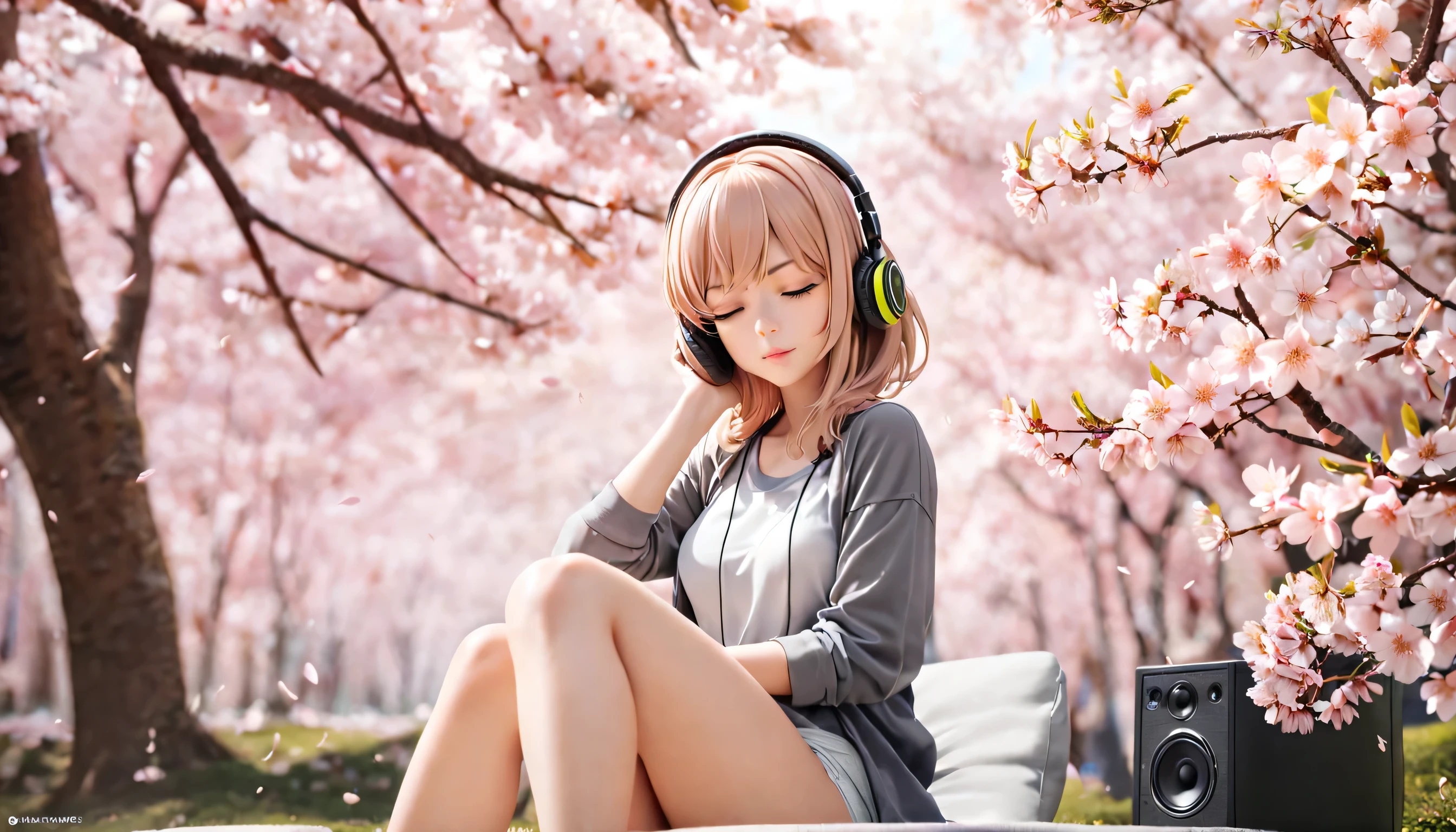 ((best quality)), ((masterpiece)), (detailed), perfect face, sitting under the cherry blossom tree, listening to music, One woman, wearing headphones, eyes closed, wearing underwear
