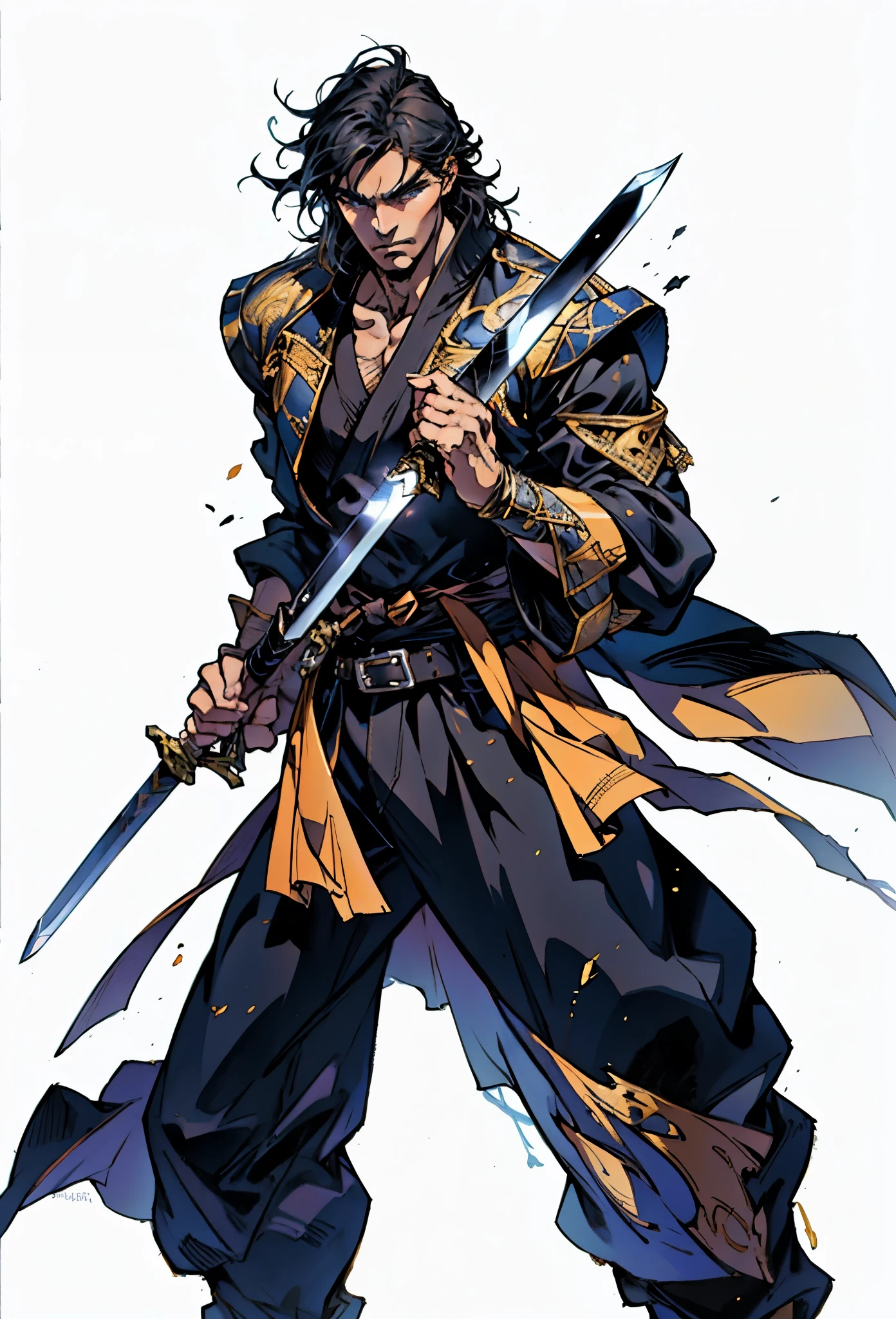 An adult man with long black hair, white-highlighted middle part bangs, thick wavy eyebrows, sharp almond-shaped eyes, well-defined features, a dignified expression, a black and white tight-fitting coat in a fantasy martial arts style, flowing wide sleeves, a cloth belt around the waist, loose fabric trousers, he holds a long sword placed in front of him, while the other hand lightly wipes the blade, the backdrop is a fantasy martial arts-style training ground, this character embodies a finely crafted fantasy martial arts-style swordsman in anime style, exquisite and mature manga art style, high definition, best quality, highres, ultra-detailed, ultra-fine painting, extremely delicate, professional, perfect body proportions, golden ratio, anatomically correct, symmetrical face, extremely detailed eyes and face, high quality eyes, creativity, RAW photo, UHD, 32k, Natural light, cinematic lighting, masterpiece-anatomy-perfect, masterpiece:1.5