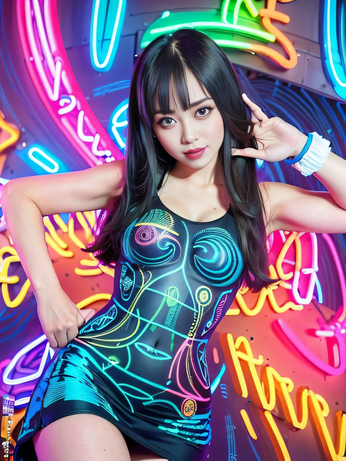 (best quality:2), (realistic, photo-realistic:2), (High-definition face drawing:1.3), (masterpiece:1.1), (smile:1.2), (in a bright and colorful world:1.3), (armpit:1.3), (open your legs:1.2), (blue eyes:1.3), gal.safetensors, (extremely detailed,(fractal art:1.2),colorful,highest detailed,( zentangle neon:1.2), (dynamic pose), (abstract background neon:1.5), (treditional dress:1.2), (shiny skin), (many colors:1.4), upper body ,Neon,16K,Full HD:1.2)