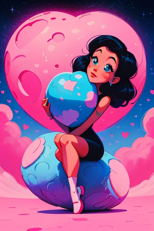 a cartoon girl sitting atop a large ball in front of a full moon, pink heart shaped craters on the blue moon, adorable digital painting, cute detailed digital art, digital anime illustration, cute digital art, cyril rolando and goro fujita, lois van baarle and rossdraws, cute art style , digital painting cartoon, sitting on a moon, beeple and jeremiah ketner, procreate illustrationo, pink heart shaped craters on the blue moon