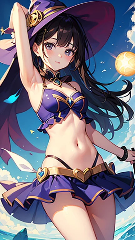 Magical girl、witch hat、magic wand、mini skirt、Navel exposed