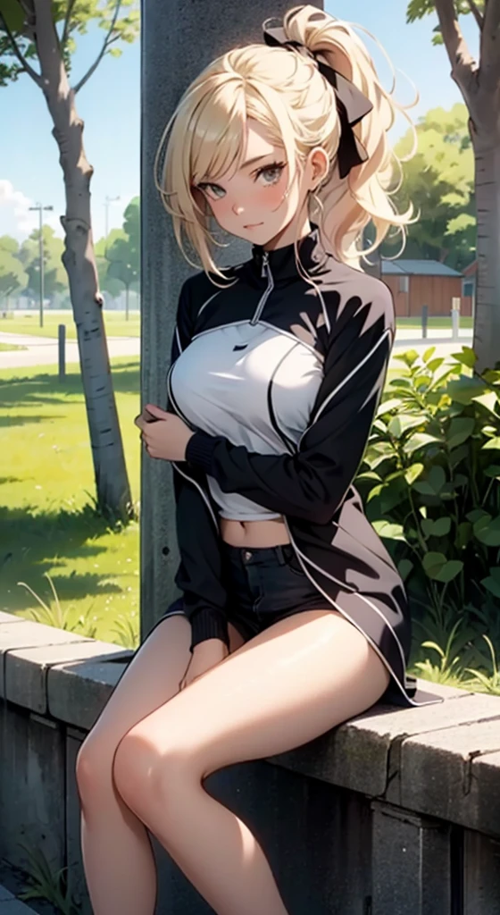 1 nude girl, (solo:1.3), outdoors, hugging own legs, toki(blue archive), medium breasts, blonde hair, braids, folded ponytail, hair ribbon,