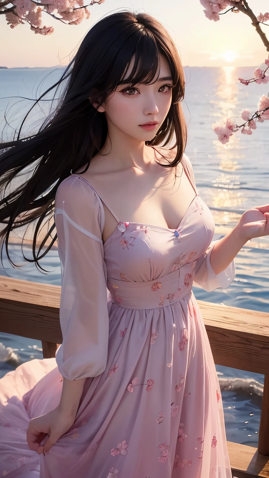(logo、masterpiece、8K、table top、Raw photo、wonderful、最high quality、Photorealistic and very detailed CG integrated 8k wallpaper、high quality、very detailed、narrative poem、particle effects、dynamic effects、Depth of the bounds written、cinematic light、Lens flare、ray tracing)、fantasy、 (1 beautiful woman、dress、dress、cherry blossom pattern、black haired、beautiful face、real face、beautiful details eyes beautiful skin)、my hair dances in Wind、Hair flutters in Wind、hair bounces、pink cherry tree、petals dance、SakuraFubuki、Spectacular view、sunrise、sun on background、Wind、