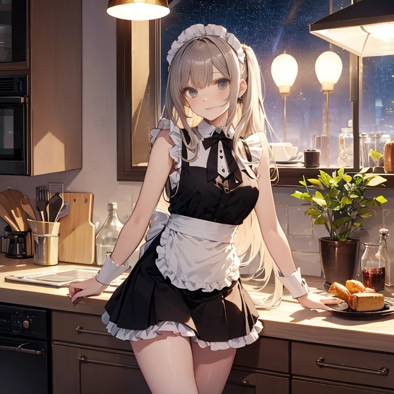 A group of maids, (in kitchen), various hair styles, harem, wearing maid uniform, night, details face, , short skirt, seducing, sleeveless , night, starry night 