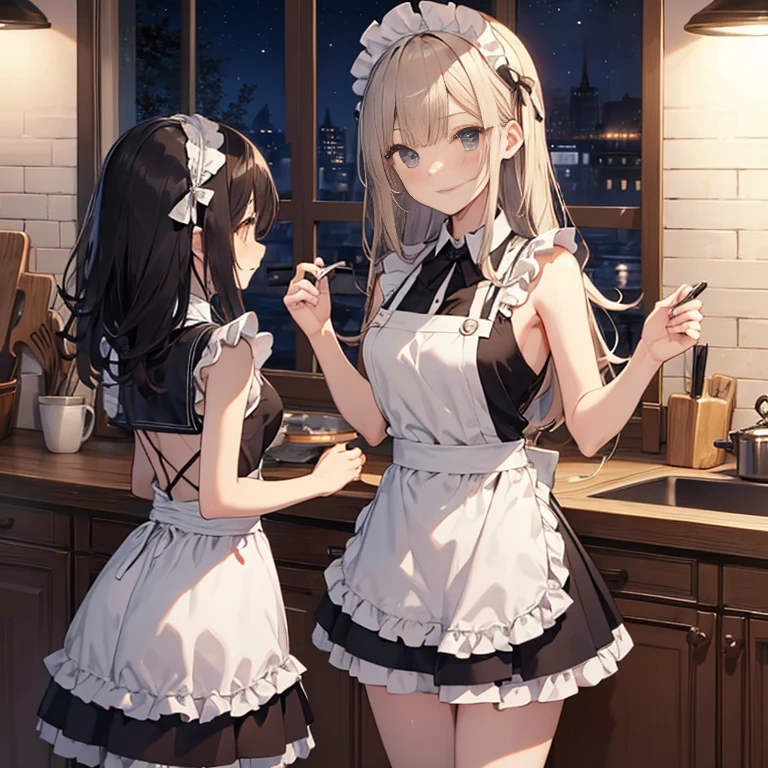 A group of maids, (in kitchen), various hair styles, harem, wearing maid uniform, night, details face, , short skirt, seducing, sleeveless , night, starry night 