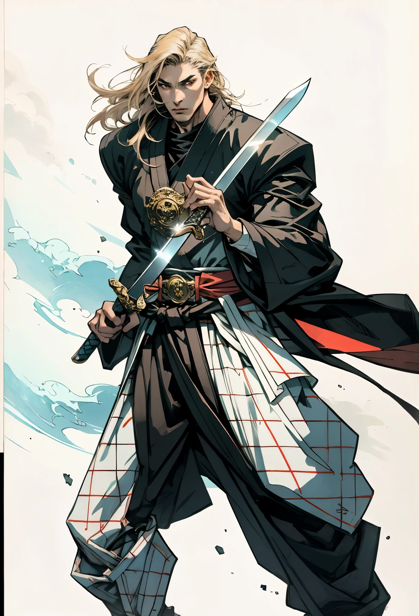 An adult man with long black hair, white-highlighted middle part bangs, thick wavy eyebrows, sharp almond-shaped eyes, well-defined features, a dignified expression, a black and white tight-fitting coat in a fantasy martial arts style, flowing wide sleeves, a cloth belt around the waist, loose fabric trousers, he holds a long sword placed in front of him, while the other hand lightly wipes the blade, the backdrop is a fantasy martial arts-style training ground, this character embodies a finely crafted fantasy martial arts-style swordsman in anime style, exquisite and mature manga art style, high definition, best quality, highres, ultra-detailed, ultra-fine painting, extremely delicate, professional, perfect body proportions, golden ratio, anatomically correct, symmetrical face, extremely detailed eyes and face, high quality eyes, creativity, RAW photo, UHD, 32k, Natural light, cinematic lighting, masterpiece-anatomy-perfect, masterpiece:1.5