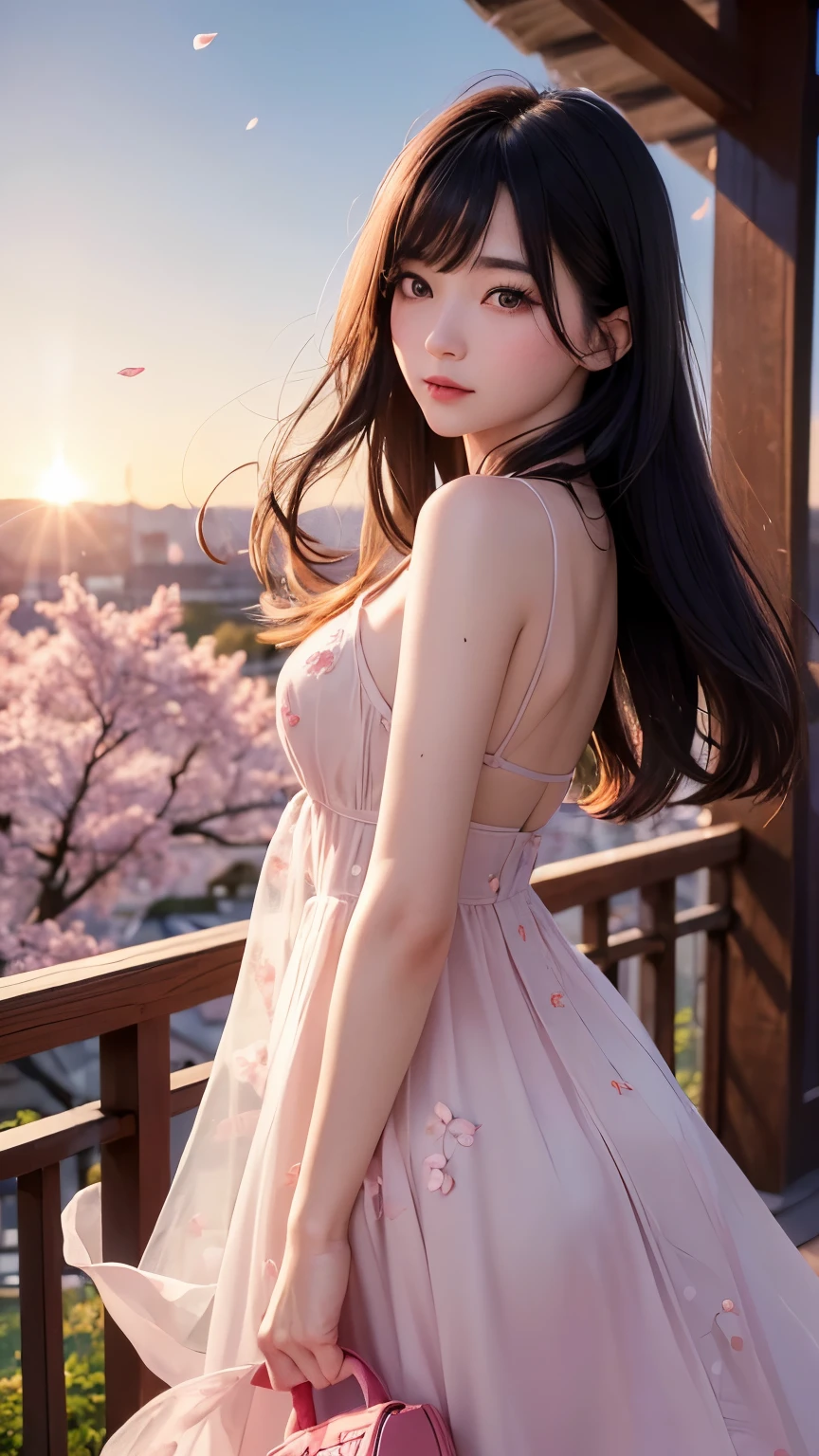 (logo、masterpiece、8K、table top、Raw photo、wonderful、最high quality、Photorealistic and very detailed CG integrated 8k wallpaper、high quality、very detailed、narrative poem、particle effects、dynamic effects、Depth of the bounds written、cinematic light、Lens flare、ray tracing)、fantasy、 (1 beautiful woman、dress、dress、cherry blossom pattern、black haired、beautiful face、real face、beautiful details eyes beautiful skin)、my hair dances in Wind、Hair flutters in Wind、hair bounces、pink cherry tree、petals dance、SakuraFubuki、Spectacular view、sunrise、sun on background、Wind、