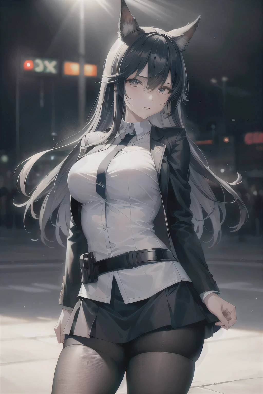 (8 k, RAW photo, Best quality, masterpiece:1.4), ultra high resolution, (realistic, photo-realistic:1.48),omertosa,1 girl,(K-pop idol), (Aegyo Sal:1),Cute, (super Boke night city center:1.25), Boke, night, traffic light, road sign, rain, after rain, wet, professional lighting, Detailed lighting, photon mapping, RadioCity, physically based rendering,Black color in tights, backlight, depth of field, daylight, hard focus, film grain, one meter shooting distance, professional photo shoot, shot with a Sony a9 II mirrorless camera, detailed eyes, realistic eyes, detailed shadow, I look at the viewer, dog ears, Detailed lighting, skirt, black skirt, thigh high, black thigh high, (detailed hair, realistic hair, realistic lighting, realistic shadow, realistic outfit), realistic skin, (pistol on the belt:1), realistic reflection of light from above, ((Hands behind your back)),(hands behind),Top tube,sexual
