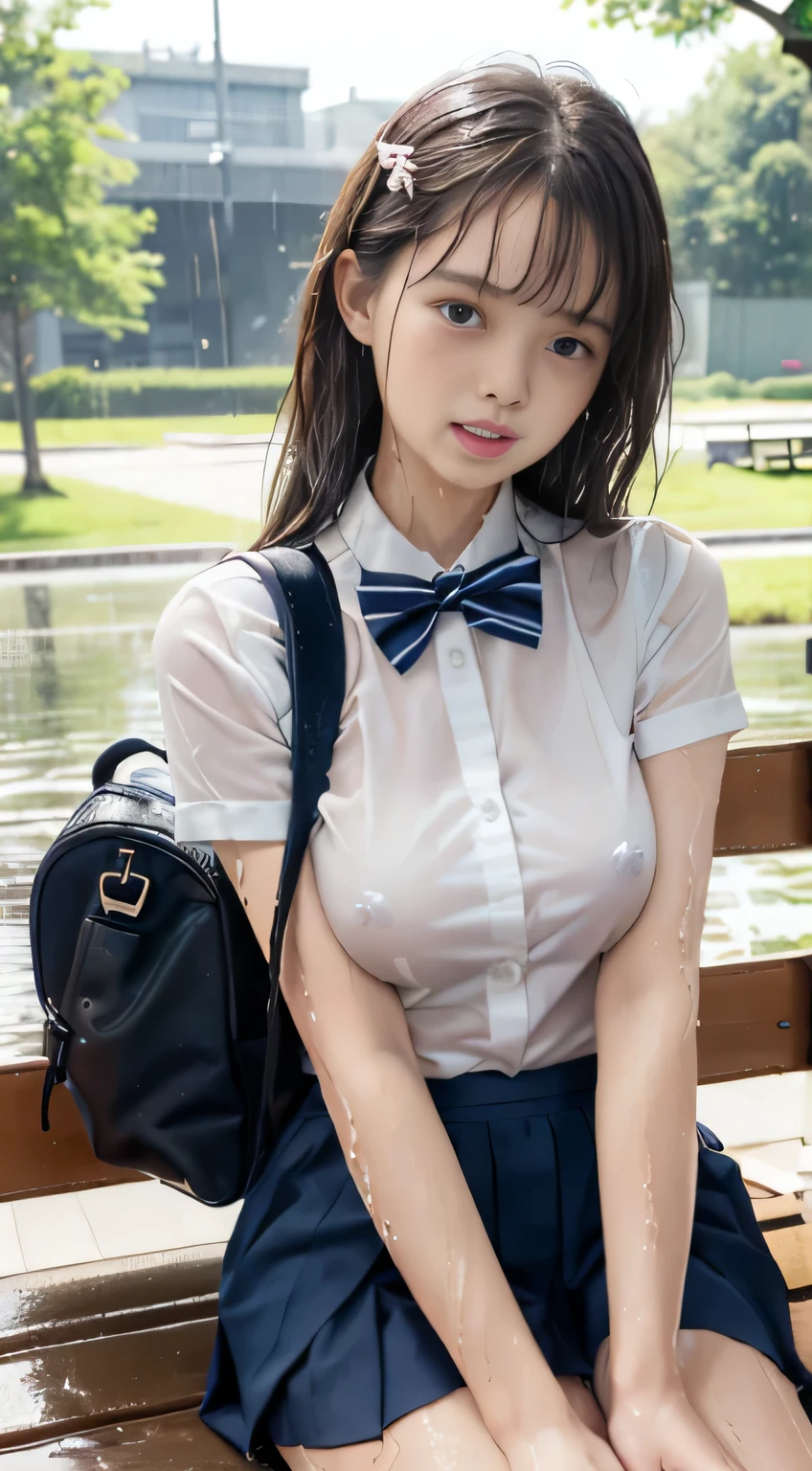 Highly detailed CG Unity 8K wallpaper、highest quality、super detailed、masterpiece、realistic、Photoreal、((A park where light rain is falling:1.4))、Highly detailed cute girl、、(High school girl in Japan uniform)、((Shooting from the front:1.4))、((Dark blue student bow tie:1.4))、((sitting on a wet bench in the park:1.4))、blush、split lips、looking at the viewer、semi body shot、(A room in a love hotel)、(Japan High and designated shoes)、(navy blue short pleated skirt:1.5)、(Short-sleeved white shirt for students)、 (dark blue bow tie:1.2)、(Light brown long hair)、(beautiful face:1.3)、(perfect proportions:1.2)、(long legs:1.2)、((Medium sized breasts:1.4))、((white panties:1.4))、((Blouse wet in the rain、The brush is see-through))、(Bra is transparent)、(((wet hair、wet skin)))、((Upper body))、((Are crying:1.4))、((student bag:1.4))、