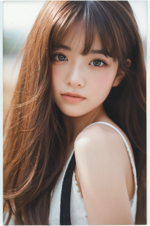 best quality, 8k, high resolution, ultra-detailed, extremely detailed, top quality, realistic, Japanese girl, 23 years old, brown hair, high-quality photo portrait, shot on a Polaroid camera, double eyelid,