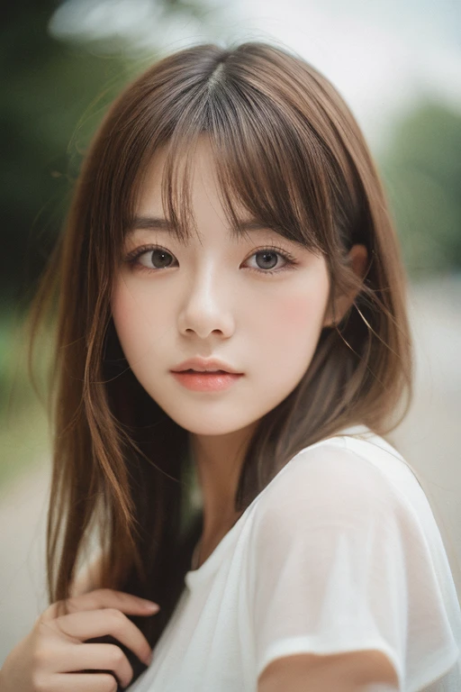 best quality, 8k, high resolution, ultra-detailed, extremely detailed, top quality, realistic, Japanese girl, 23 years old, brown hair, high-quality photo portrait, shot on a Polaroid camera, double eyelid,