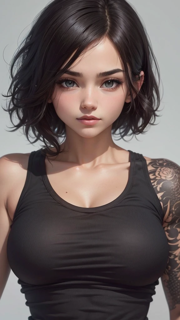 fashion photography portrait of 1 girl, off the shoulder, short fluffy hair, luz outfit, rim light, beautiful shadow, low key, (photorealistic, raw photo:1.2), (Natural skin texture, Realistic eye and face details.), hyperrealism, ultra high resolution, 4k, Best Quality, masterpiece, collar, (neckline:0.8), In the dark, (1 girl:1.2, body covered in words, words In body:1.1, tattoos of (words) In body:1.2), (masterpiece:1.4, Best Quality), medium breasts,  white T-Shirt, ((For the blue)), street at night,3D,16k