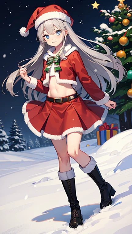 anime girl,santa costume、 draw the whole body,((masterpiece), highest quality, best image quality, ((((alone)))), ((((gray hair)))), long hair, beautiful blue eyes, shining eyes, smile, teenage girl, 17 years old, cute, santa claus costume, look into the navel, skirt,Boots Snowing, heavy snow falls, snowman, A world where snow piles up, Christmas tree, 8k