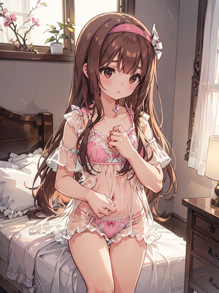 beautiful illustrations, highest quality, pretty girl, 1girl, Bedroom, pastel colour, (two-separated lingerie), reddish brown long hair, headband, cute lingerie, bright lighting