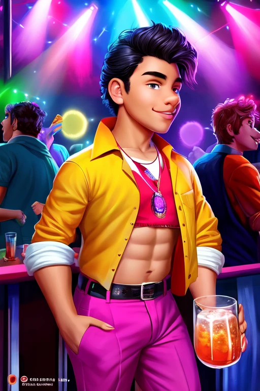 Male 20 years old, tomando alcohol, escuchando cumbia y bailando, disfrutando el ambiente. You see people around you and lights that draw attention to the cover. Fiesta con colores, luces y asociado a un bar donde hay tragos para servir y la pieza de baile para la discoteca.