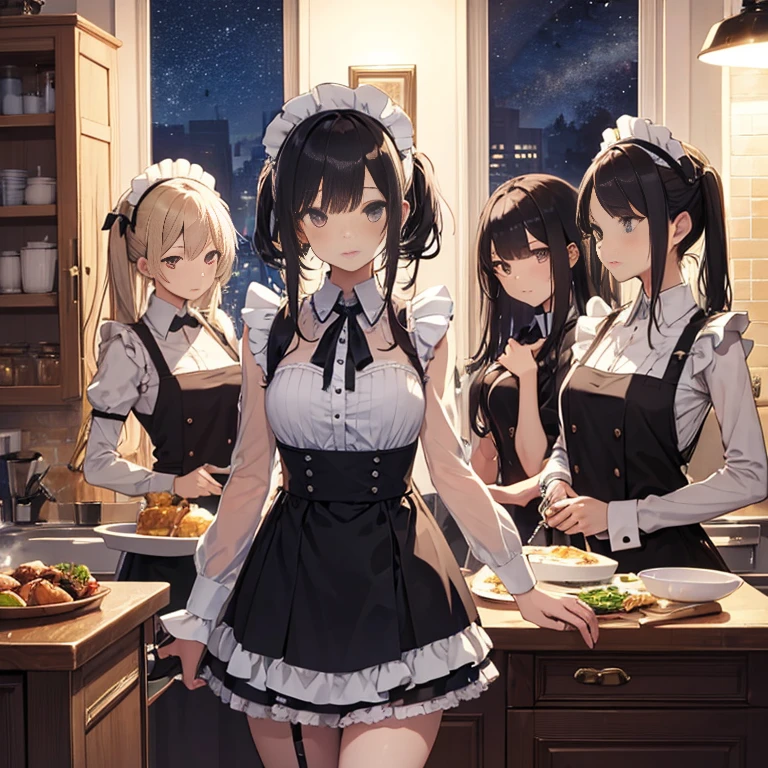 A group of maids, (in kitchen), various hair styles, harem, wearing maid uniform, night, details face, , short skirt, seducing, sleeveless , night, starry night 