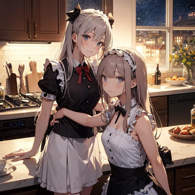 A group of maids, (in kitchen), various hair styles, harem, wearing maid uniform, night, details face, , short skirt, seducing, sleeveless , night, starry night 
