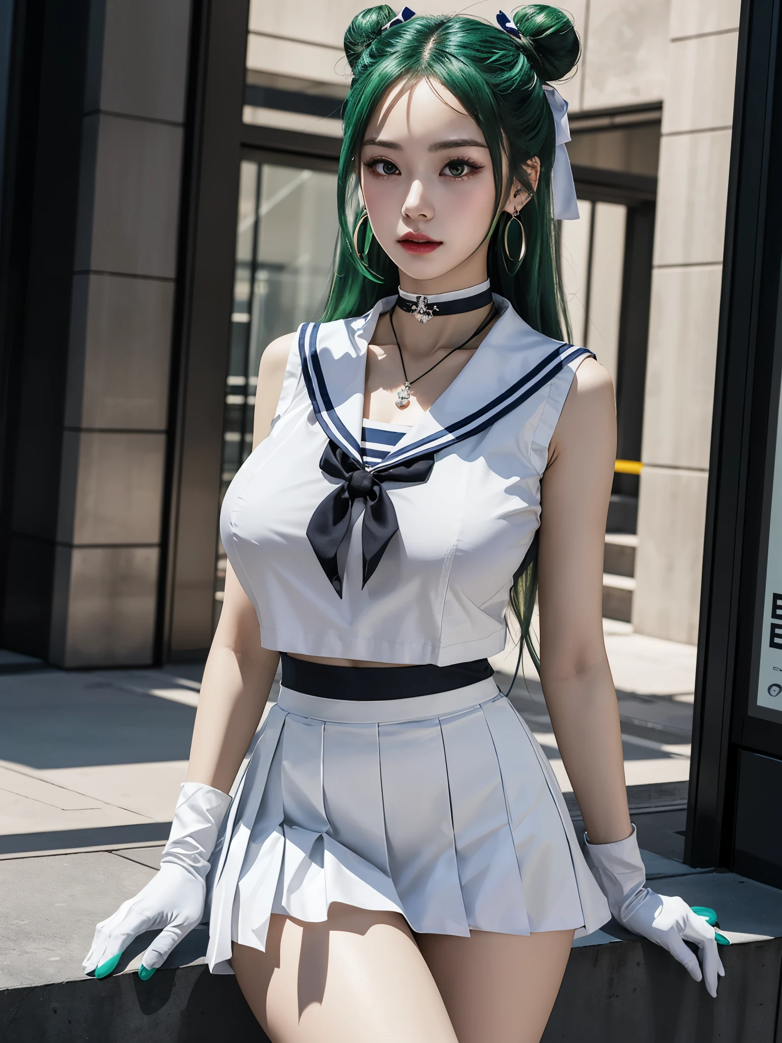 a woman wearing sleeveless sailor uniform, 1girl, very very long green hair, hair bun, white sailor uniform, black pleated skirt, thigh, white long glove, choker, big ribbon pendant on her chest, geometric statement earring, large breasts, full breasts, 