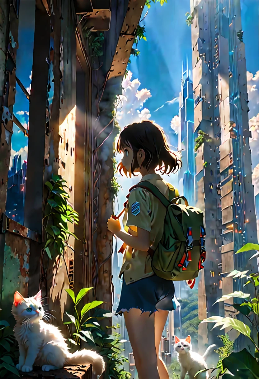 (8K、Raw photo、highest quality、look up:1.2、masterpiece:1.2、genuineistic、ultra high resolution、high contrast、photon mapping、genuine、Super detailed、official art, Raw photo、professional lighting、 light、Vivid atmosphere、twicelight) ,A girl and a white kitten with a backpack climb down from a high point in the forest.、Looking out at the city skyline、Reminiscent of emotional scenes。 High-rise buildings in the city are covered with trees from the walls and windows々pops out、The building is covered like a lush jungle.、It depicts a futuristic landscape where nature and the city are fused.。A city bathed in bright sunlight、It suggests a bright and hopeful future.。 A girl trying to enter a building in the city、It symbolizes young people trying to break out into society.。This scene is、While having the atmosphere of a work directed by Makoto Shinkai,、I am drawing a post-apocalyptic animation with a unique world view.