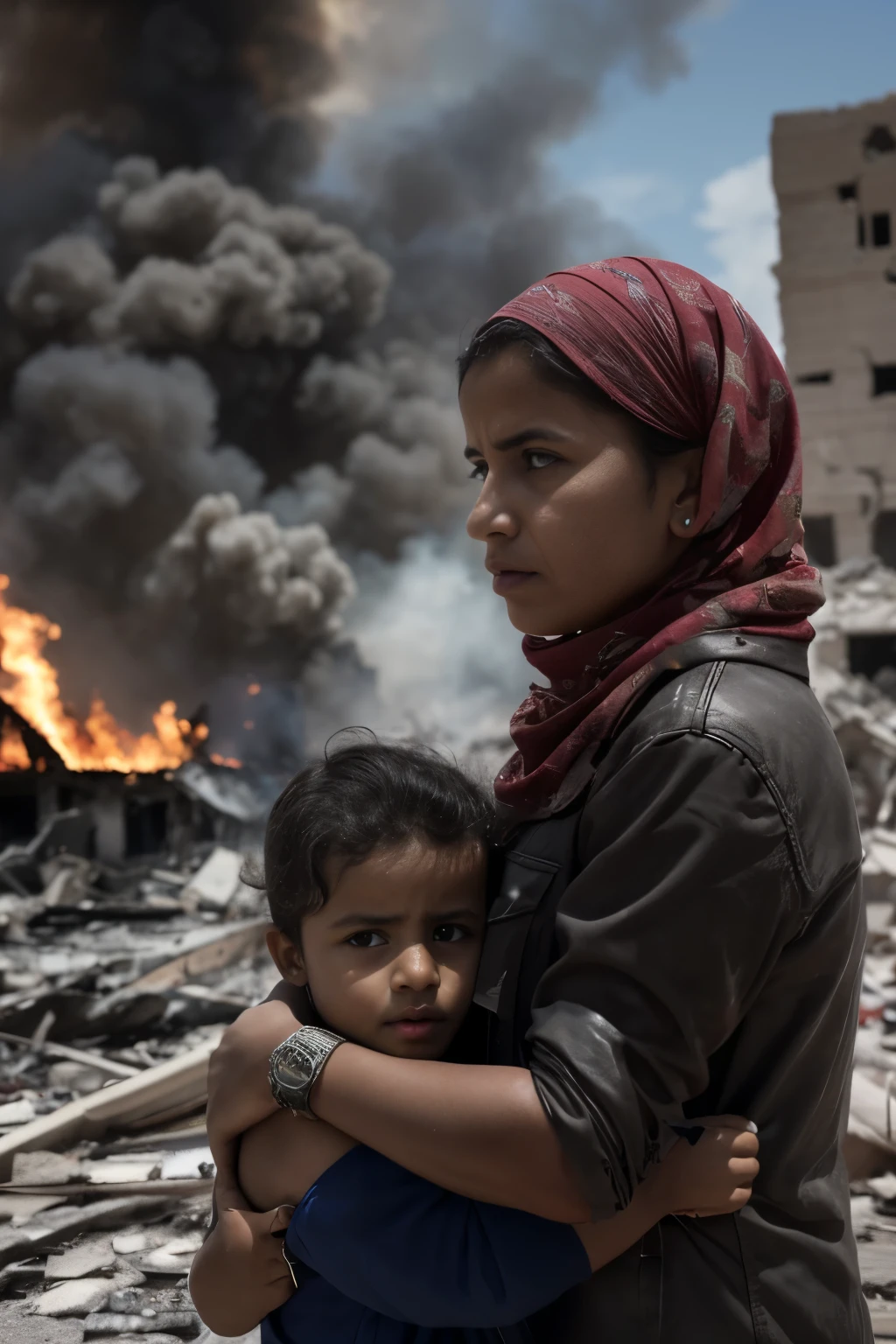 Syrian women and children，In front of the ruins of a burning building, author：Ibrahim Kodra, 8k movie still, author：Herakli Nadal, ( apocalyptic ) 8k, Award-winning movie stills, movie still 8k, Iraqi Nadal, apocalyptic 8k, apocalyptic 8K, Pulitzer Prize for Photography, 4k / 8k, 4K/8K Large Aperture