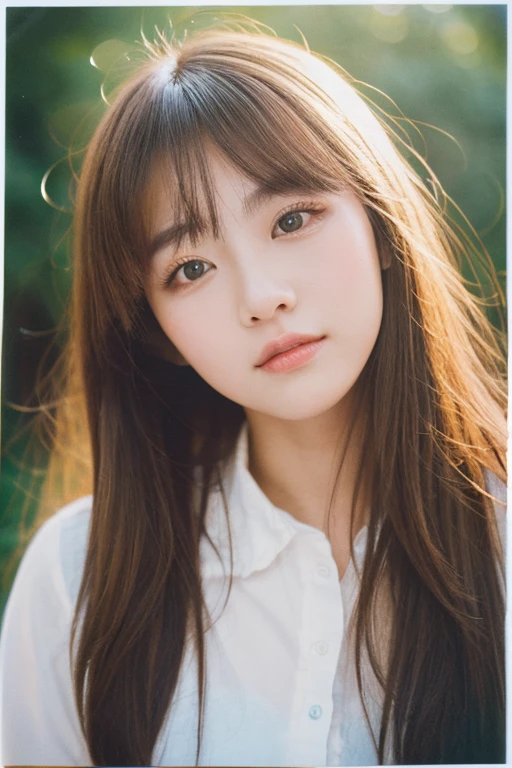 best quality, 8k, high resolution, ultra-detailed, extremely detailed, top quality, realistic, Japanese girl, 23 years old, brown hair, high-quality photo portrait, shot on a Polaroid camera, double eyelid,