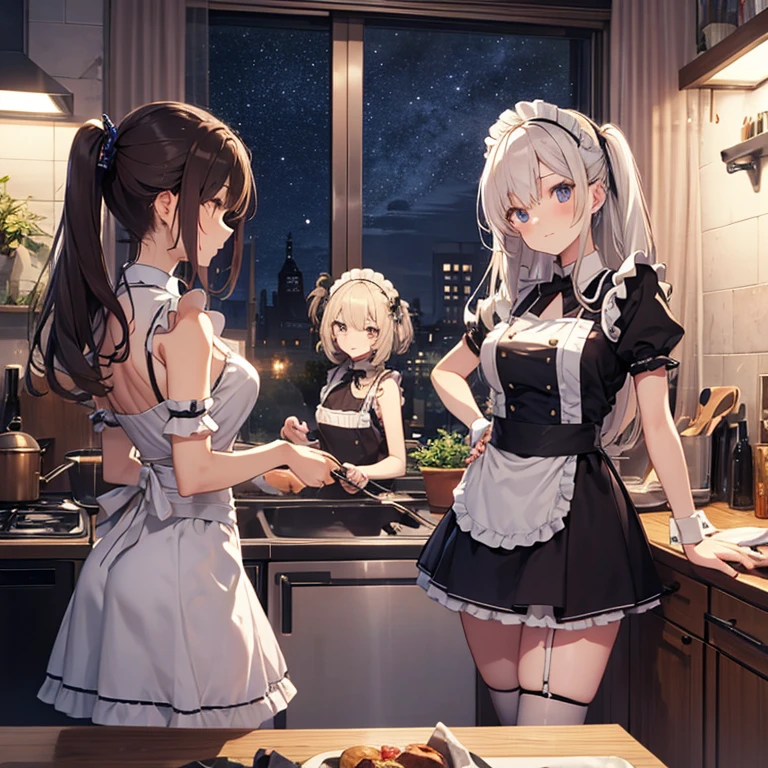 A group of maids, (in kitchen), various hair styles, harem, wearing maid uniform, night, details face, , short skirt, seducing, sleeveless , night, starry night