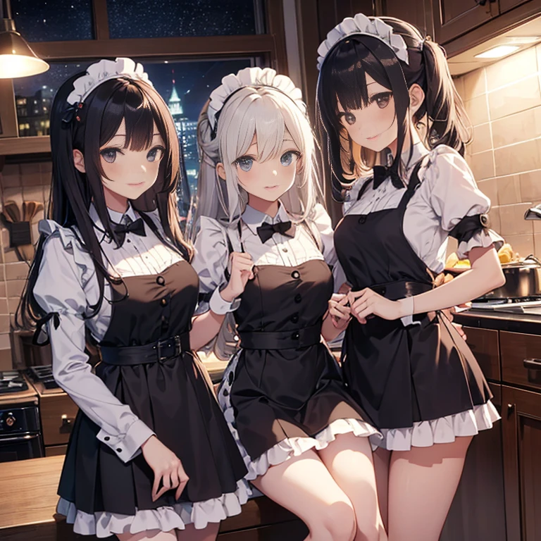 A group of maids, (in kitchen), various hair styles, harem, wearing maid uniform, night, details face, , short skirt, seducing, sleeveless , night, starry night