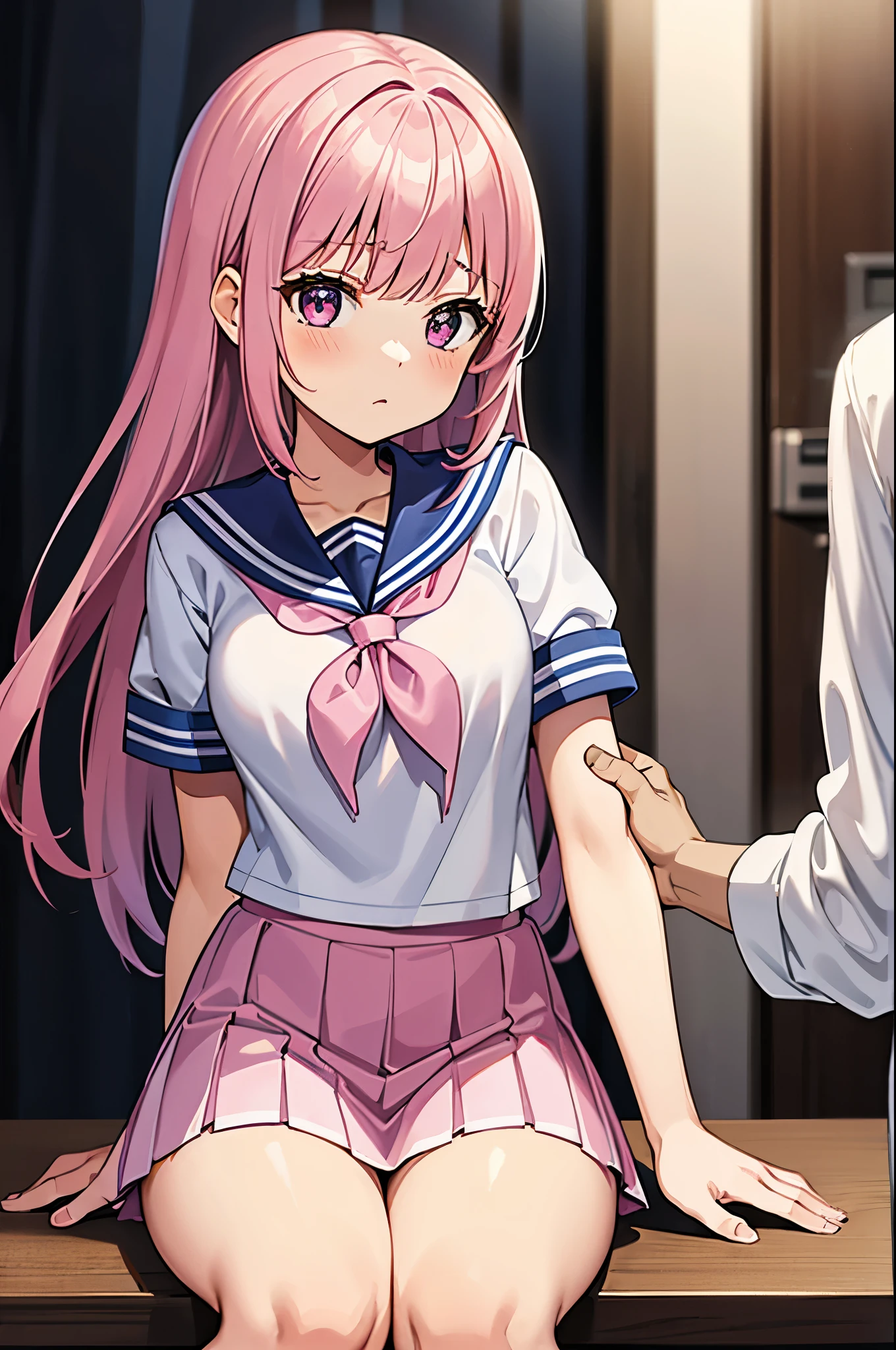 A pink-haired high school girl in a sailor uniform receives a vaccination、A man grabs your arm、Take the syringe and stick it into your upper arm.。.