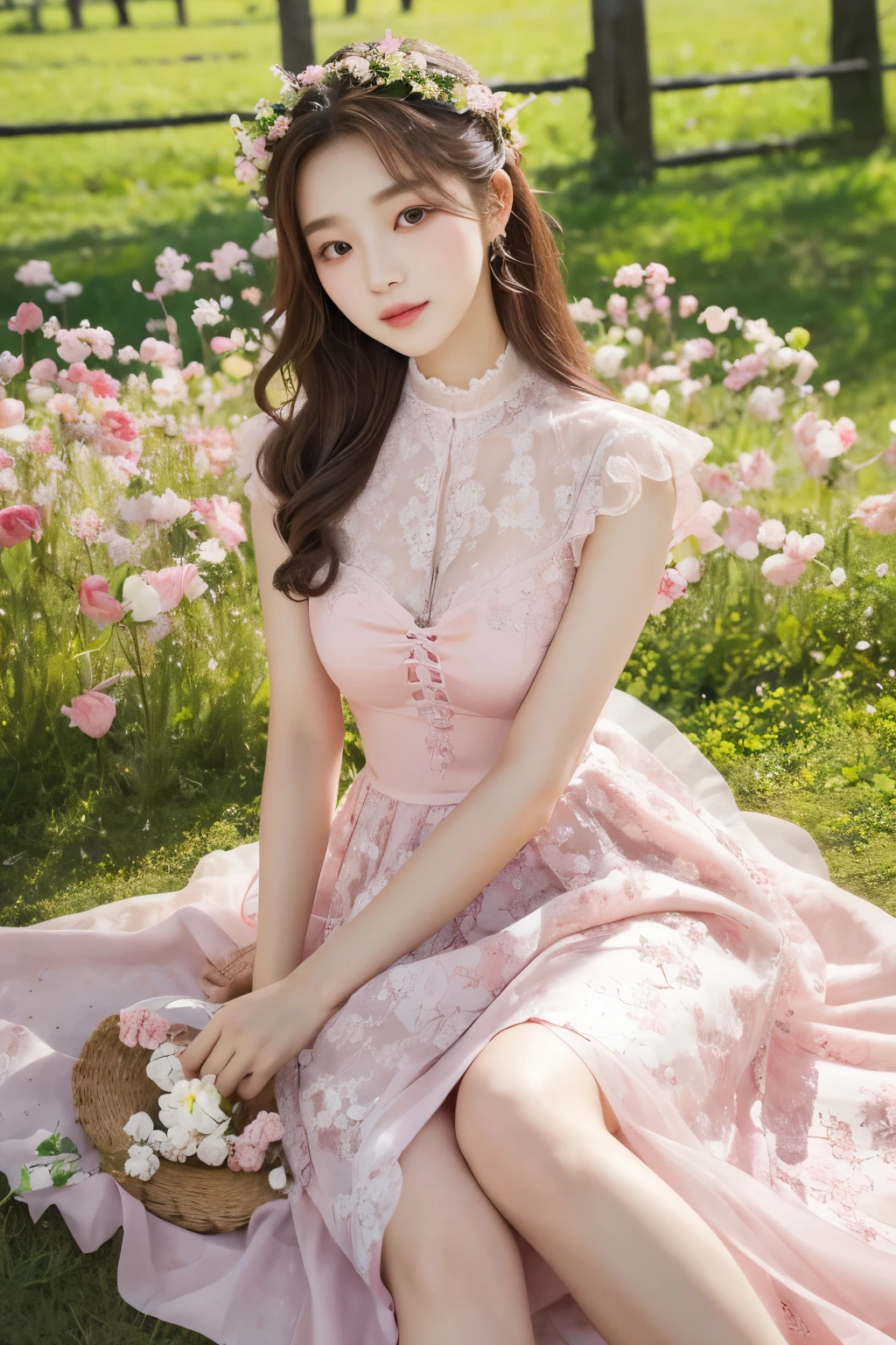 masterpiece, best quality, 8 thousand, 24 years old, photo beast, absurd, award-winning portraits, pure, korean beauty, Elegant and vibrant pink dress, spring, orchard in bloom, laces, cute, right, healthy, Beloved, perfect hands,