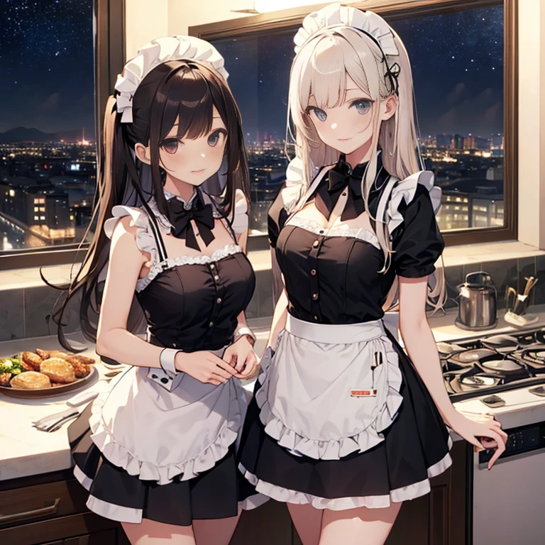 A group of maids, (in kitchen), various hair styles, harem, wearing maid uniform, night, details face, , short skirt, seducing, sleeveless , night, starry night