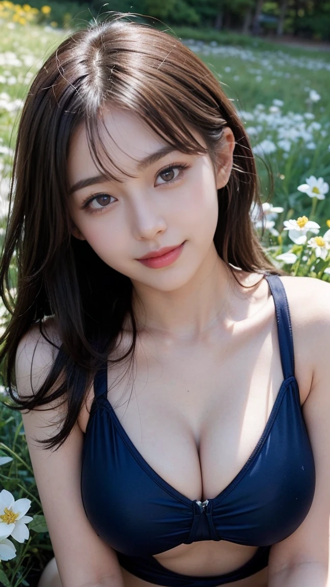 Top-quality Realistic,Unity,8k wallpaper,Official art,Highly detailed CG Unity 8k wallpaper,ultra-detailliert,hight resolution,Physically-based rendering,ultra detailliert,Magnificat,finely detail,masterpiece,Best Quality,ultra-detailliert ,ultra detailed,Mature beauty,Beautiful girl,1girl,moist lips,sexy lips,Sexy smile,Gentle smile, 18 years old, Beautiful bare skin,Smooth bare skin, big well-shaped breasts,beautiful cleavage,erotic cleavage, swept bangs,(Medium hair:1.3), beautiful detailed eye model shoot style,Japanese Idol,beautiful girl,Half-body,Model photo shoot,lie position,(In natural park),(in a field of rape blossoms),BREAK,(sherbet red school swimsuit:1.3),lie model pose,sexy smile,close up to face,NSFW,lie down on rape blossoms field,dynamic pose,selfie,erotic and sexy smile,(lie down:1.3),armpit,shoot from above,