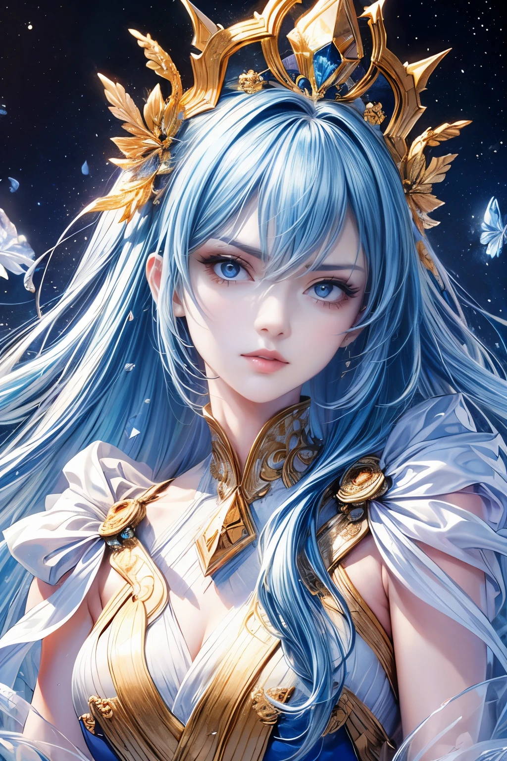 (highest quality, 8K, cg, Beautiful details upper body, , thumb girl, taffeta coat dress, space background, complex facial features, flowing long hair, almond shaped eyes, Elaborate eye makeup, long fluttering eyelashes, Big eyes blink with a starry gaze, exquisite lip detail, soft and harmonious style),Empress of the universe,god々queen of,stern look,serious expression,blue hair,gold decoration,angry face,