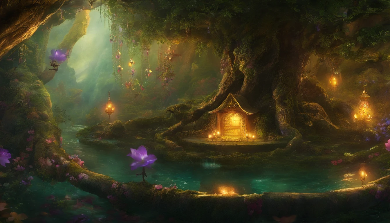 Surrounded by a dark forest, the fairy bathroom creates a tranquil and enchanting atmosphere, with a large tub hollowed out of a large tree or rock in the center, filled with bright water that glows silently in the darkness, The walls are clad in natural rock and stone, and delicate vines bloom in tiny flowers, creating a magical ambiance. A cascading shower decorated with sparkling crystals radiates warm water. Relax in the dimly lit, mysterious bathroom, where quaint little shelves hold small bottles of aromatic oils and elixirs, very realistic、photograph、one person perspective、super detail、high detail、high quality、8K、