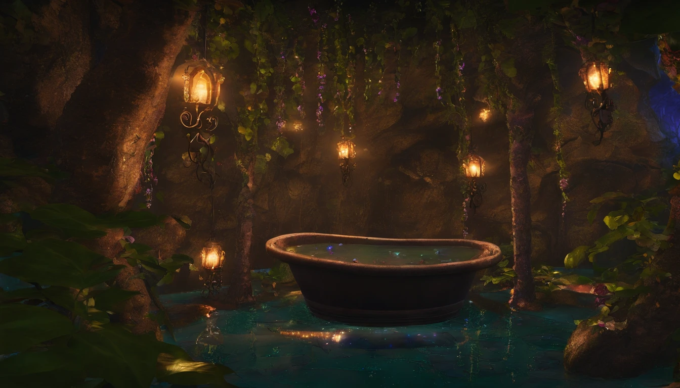 Surrounded by a dark forest, the fairy bathroom creates a tranquil and enchanting atmosphere, with a large tub hollowed out of a large tree or rock in the center, filled with bright water that glows silently in the darkness, The walls are clad in natural rock and stone, and delicate vines bloom in tiny flowers, creating a magical ambiance. A cascading shower decorated with sparkling crystals radiates warm water. Relax in the dimly lit, mysterious bathroom, where quaint little shelves hold small bottles of aromatic oils and elixirs, very realistic、photograph、one person perspective、super detail、high detail、high quality、8K、