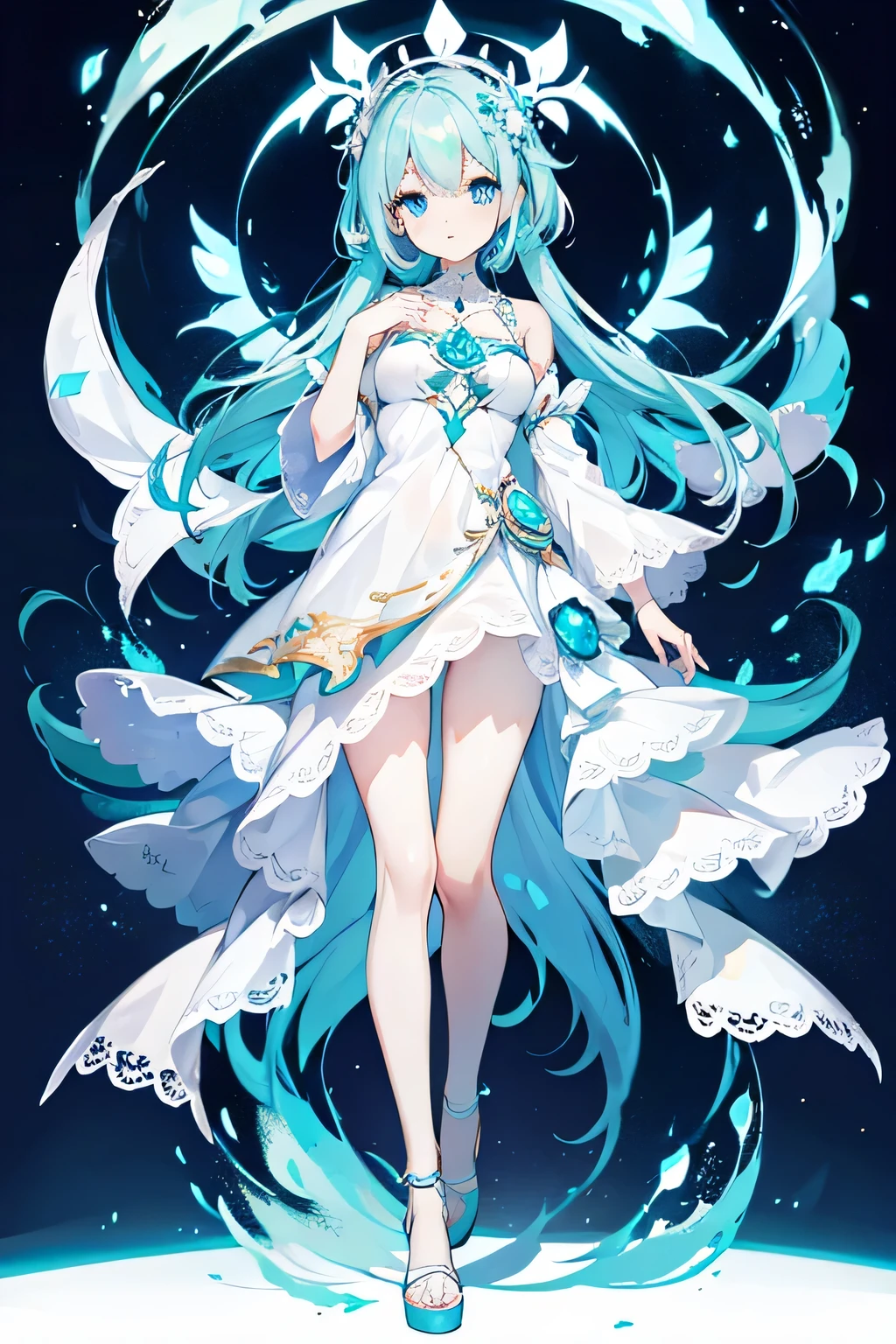 white dress, hair ornament, cyan hair, blue eyes, full body shot, hand at the back