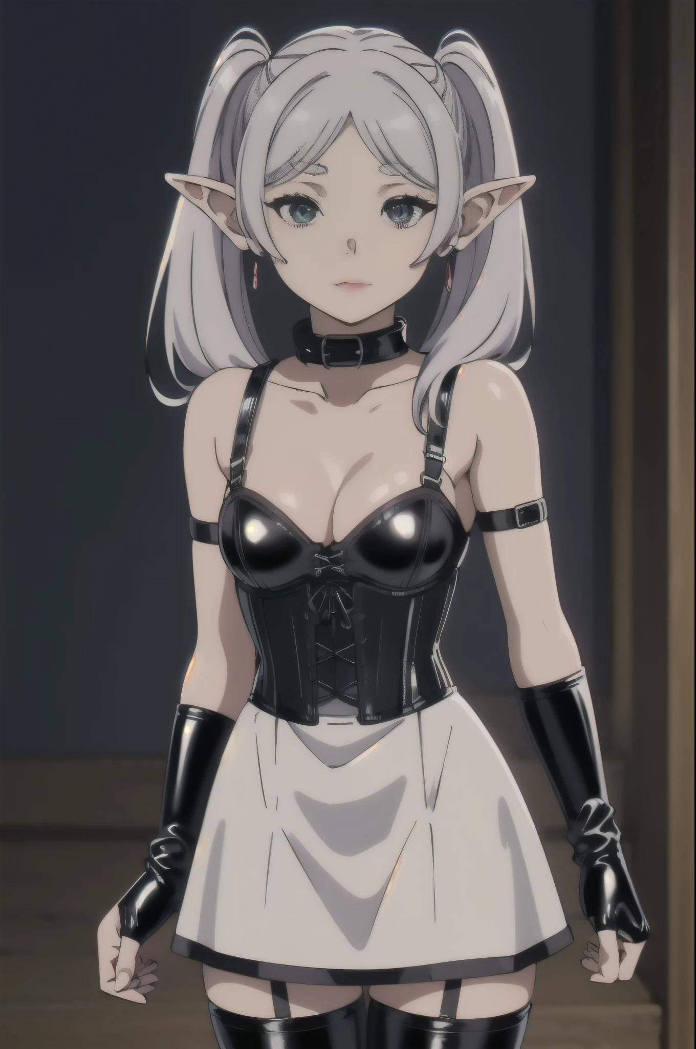 BDSM、Queen、mistress、1 girl、solo、(((Long gloves covered to the fingertips in black latex)))、(((black latex corset dress:1.4)))、(((The corset dress is decorated with beautiful lace.)))、(((corset dress with shoulder straps)))、(((black latex tight miniskirt:1.4)))、(((Black Thigh Boots)))、stiletto heels、(((black latex panties)))、(((black latex bra)))、(((black leather collar)))、(((sexy pose)))、Spread your legs apart、(((erotic)))、(((cowboy shot)))、芙èŽdryè“®,1 girl,goblin,gray hair,灰colorの髪の毛,earrisleeveless dress,white dress,sleeveless dress,bare shoulders,clavicle,ngs,pointed ears,long hair,ponytail,green eyes,(Twin tails behind the ears),parted bangs,thick eyebrows,NSFW,small breasts,cleavage, 20 years,young woman,beautiful指,beautiful長い脚,beautiful体,beautiful鼻,beautifulキャラクターデザイン, perfect eyes, perfect face,expressive eyes,
looking at the viewer、cheeky look、不機嫌なface、
official art,Highly detailed CG Unity 8K wallpaper, perfect lighting,colorful, bright_front_face_lit,shiny skin,
(masterpiece:1.0),(Highest_quality:1.0), 超High resolution,4k,Super detailed,
photo shoot, 8K, HDR, High resolution, disorganized:1.2, kodak portrait 400, film grain, blurred background, Bokeh:1.2, Lens flare, (lively_color:1.2), (beautiful_face:1.5),(narrow_waist), ,NSFW,, exquisite visuals, High resolution,masterpiece,Highest quality,