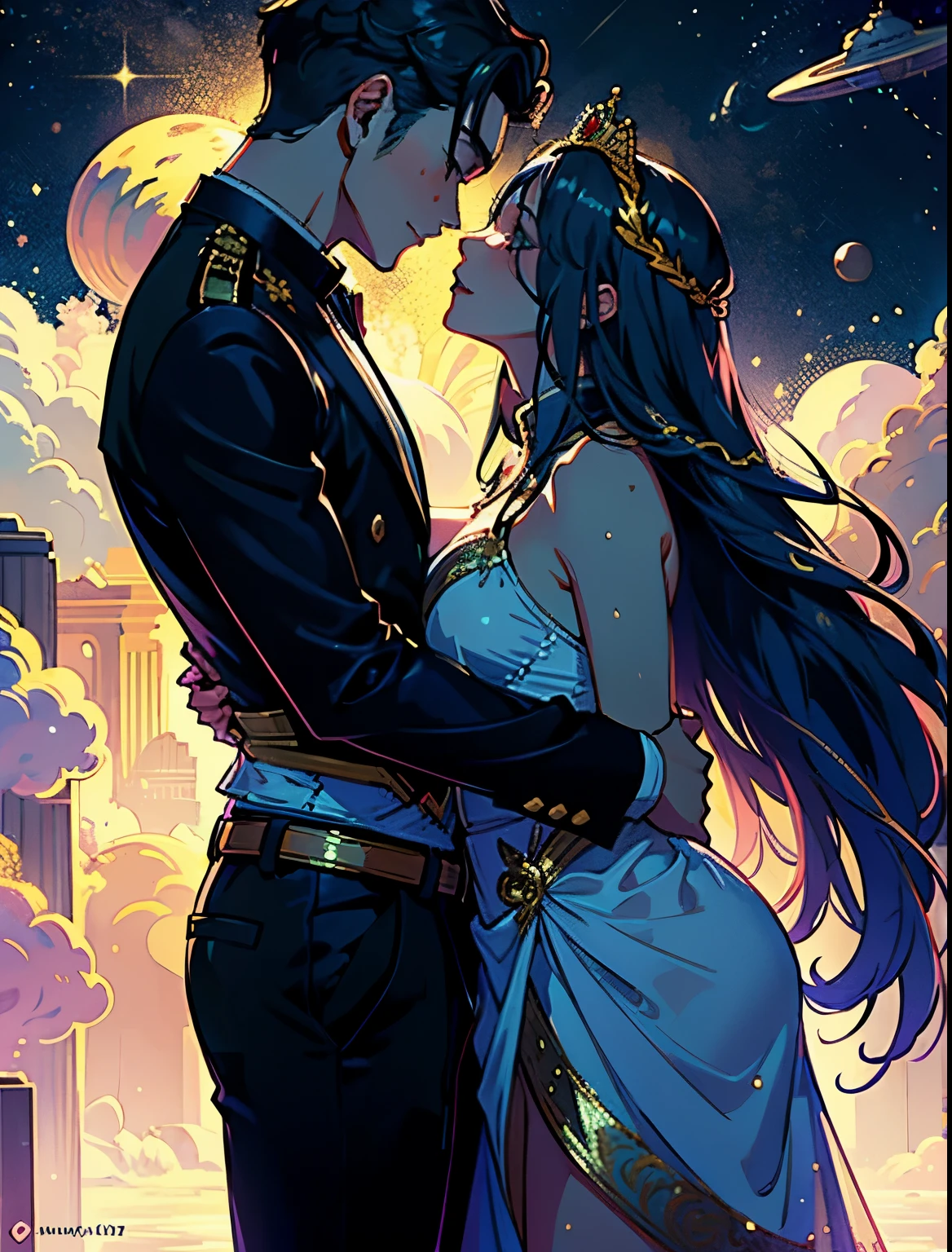  ((figure)), colorful, wallpaper, energy,secret,magical environment, Snazzy, perfection, elegant kindness, trendy Art Station, romance, passion, nice, Lovers,  Lovers, touch, very detailed, look at each other,god々New,godのように美New,long hair,swaying hair,wearing a crown,god々King and Queen of,space background,Couples with height difference,There is a difference in physique,gold decoration,smile,love each other,((白髪のlong hairの男性)),((瑠璃色のlong hairの女性))